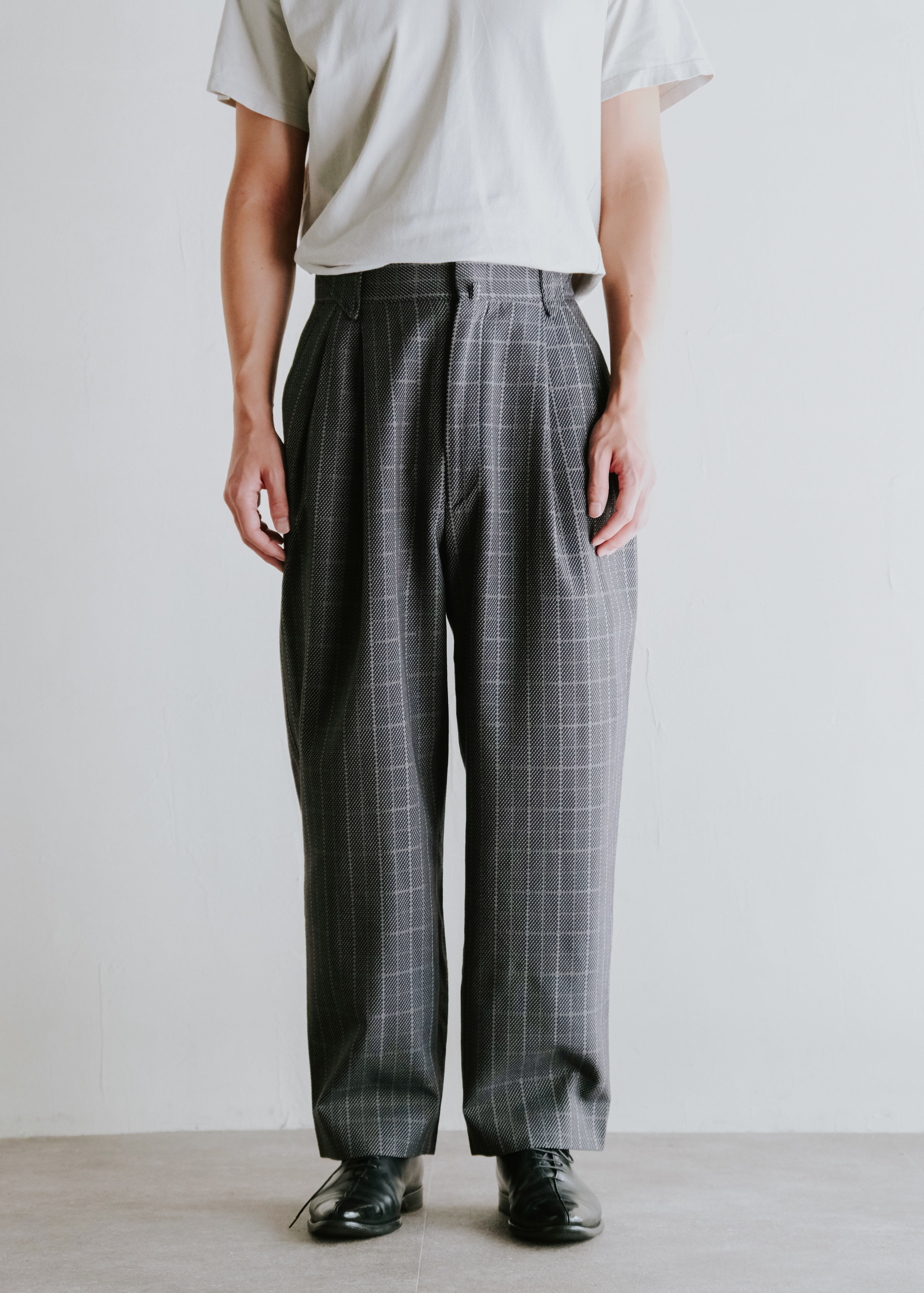 80's GIANNI VERSACE glen check tucked wide tapered slacks