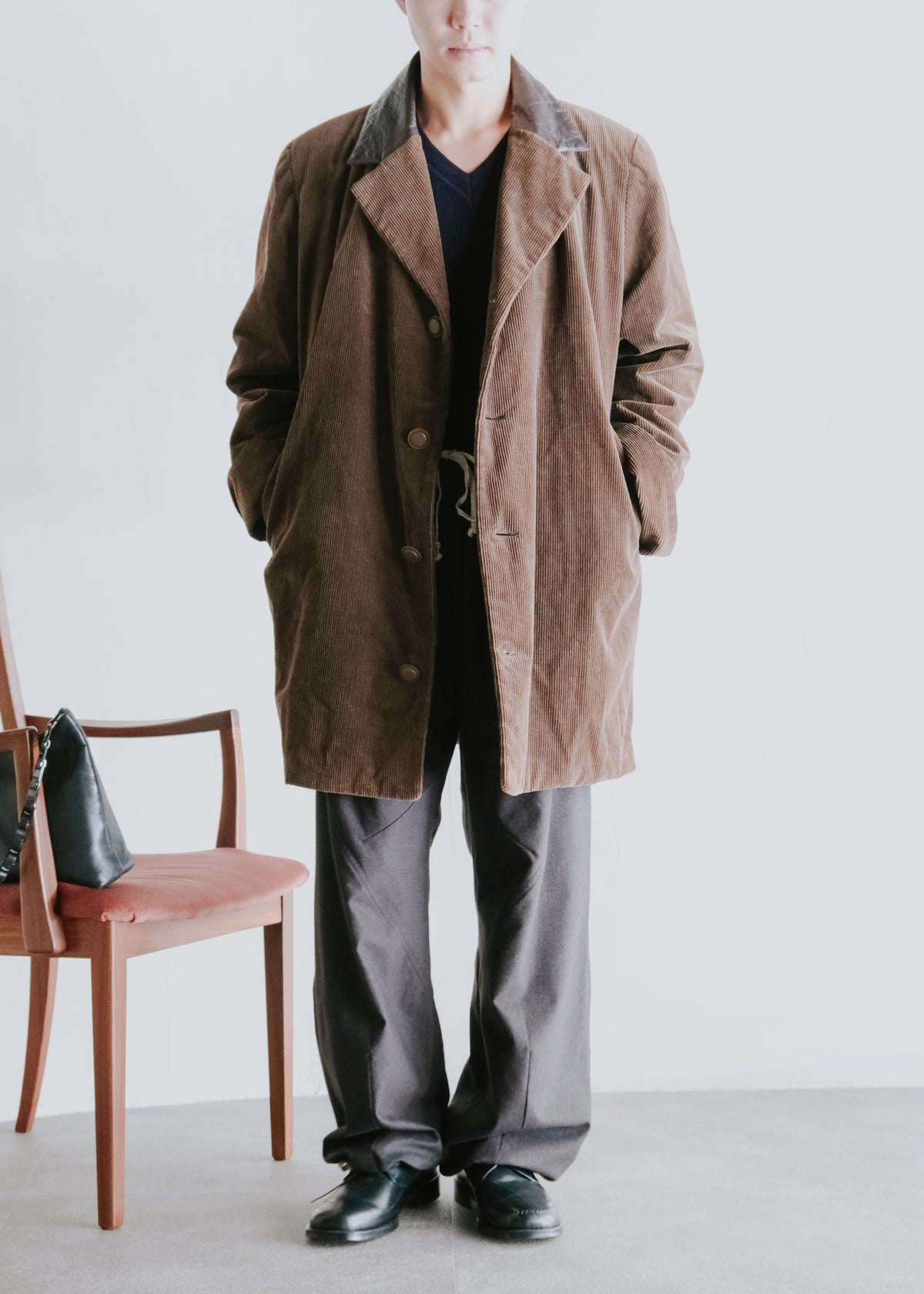 I.S. ISSEY MIYAKE SPORT 1988 leather-collar corduroy long jacket