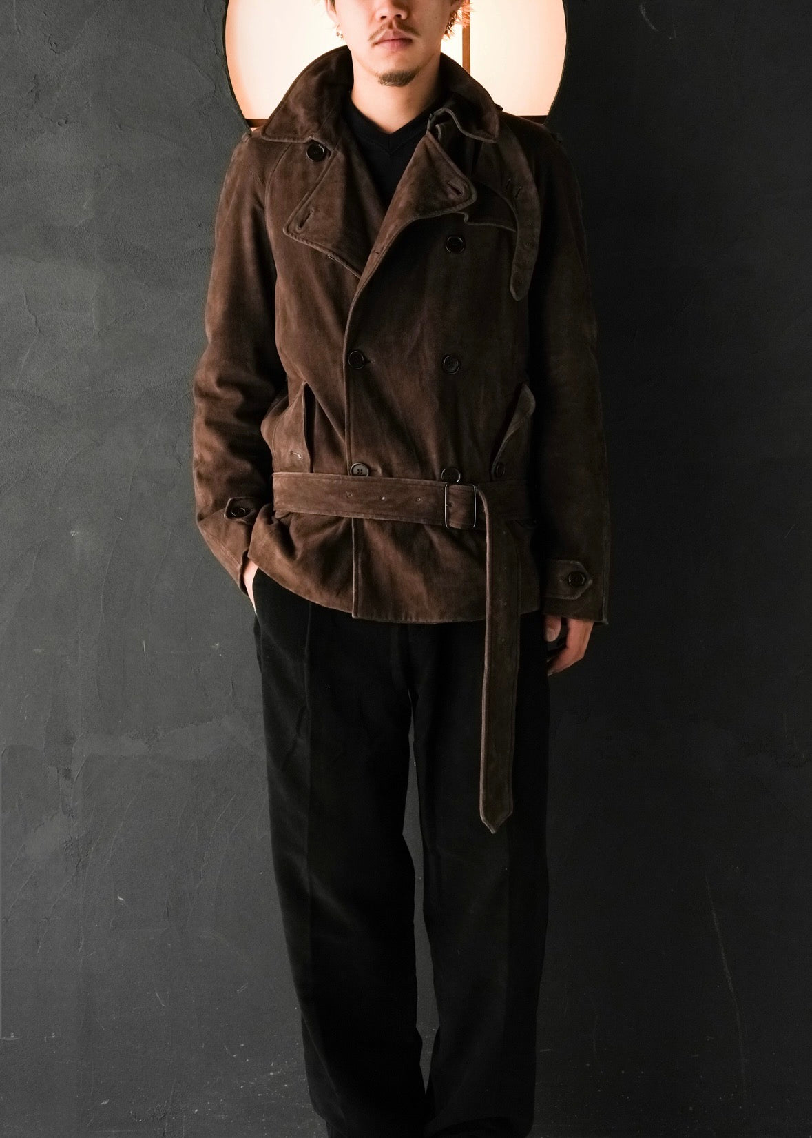 HELMUT LANG 05AW suede double breasted belted coat