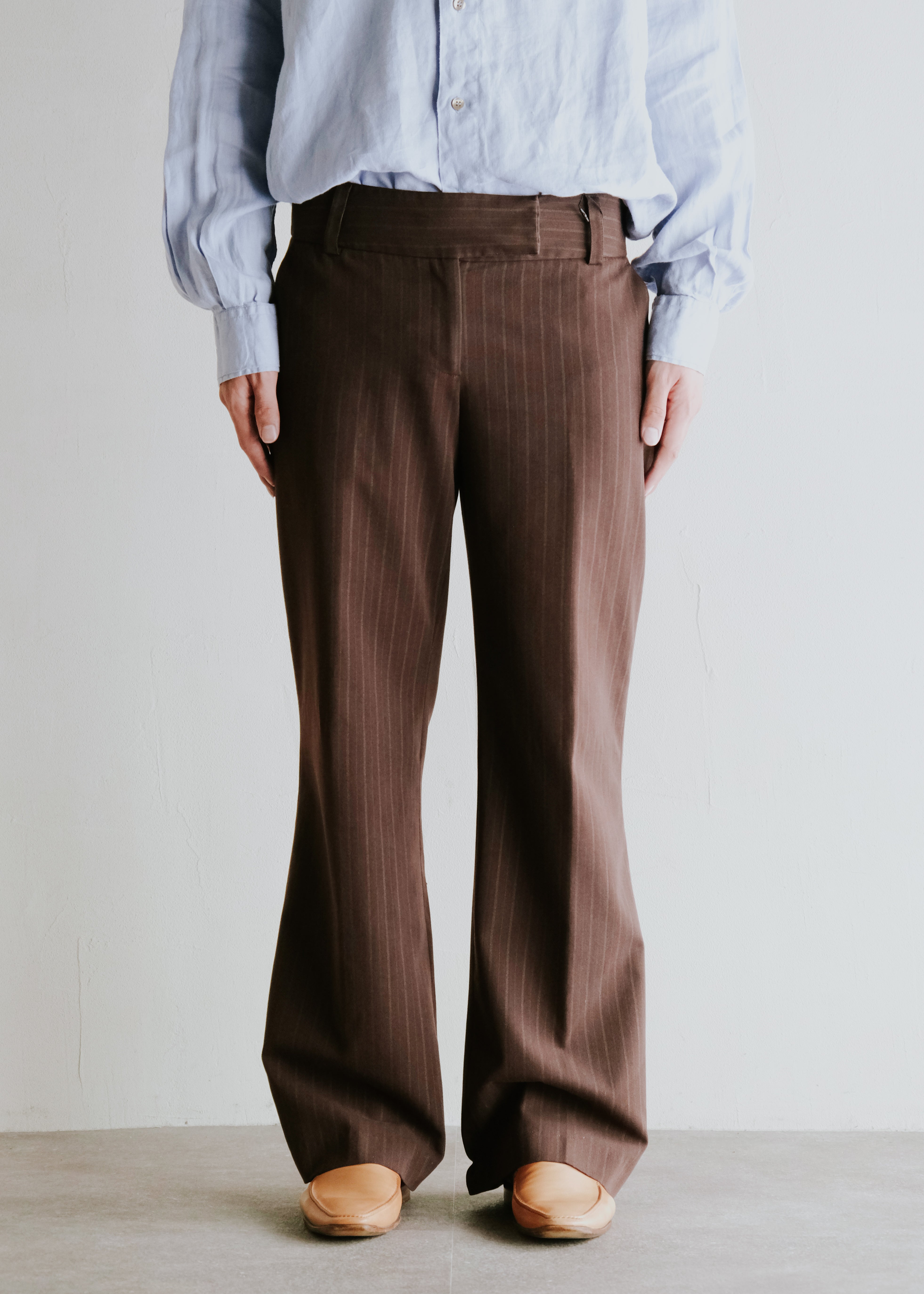 Low rised stripe wide semi flare slacks
