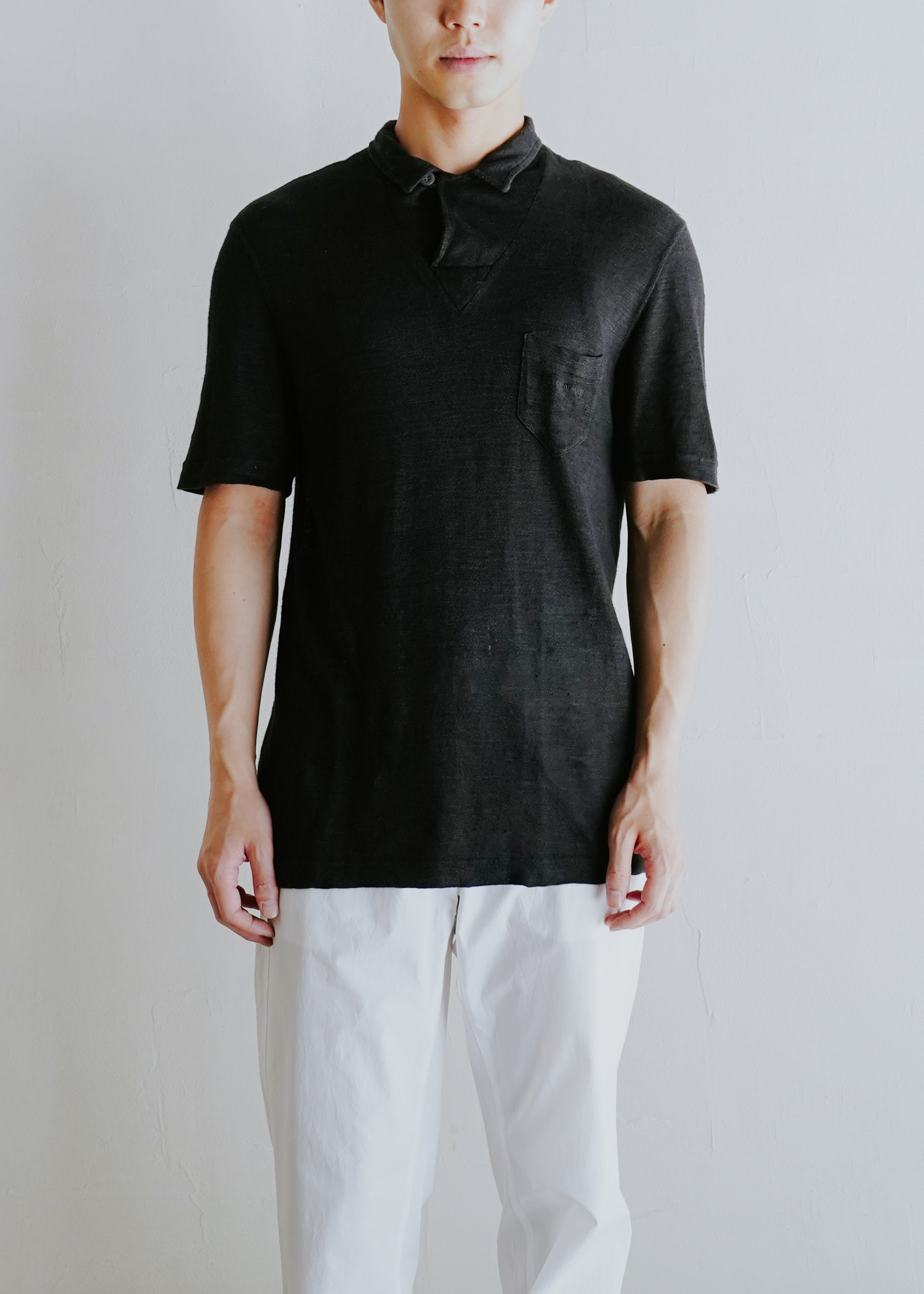 90's GIORGIO ARMANI asymmetric neck linen polo shirt