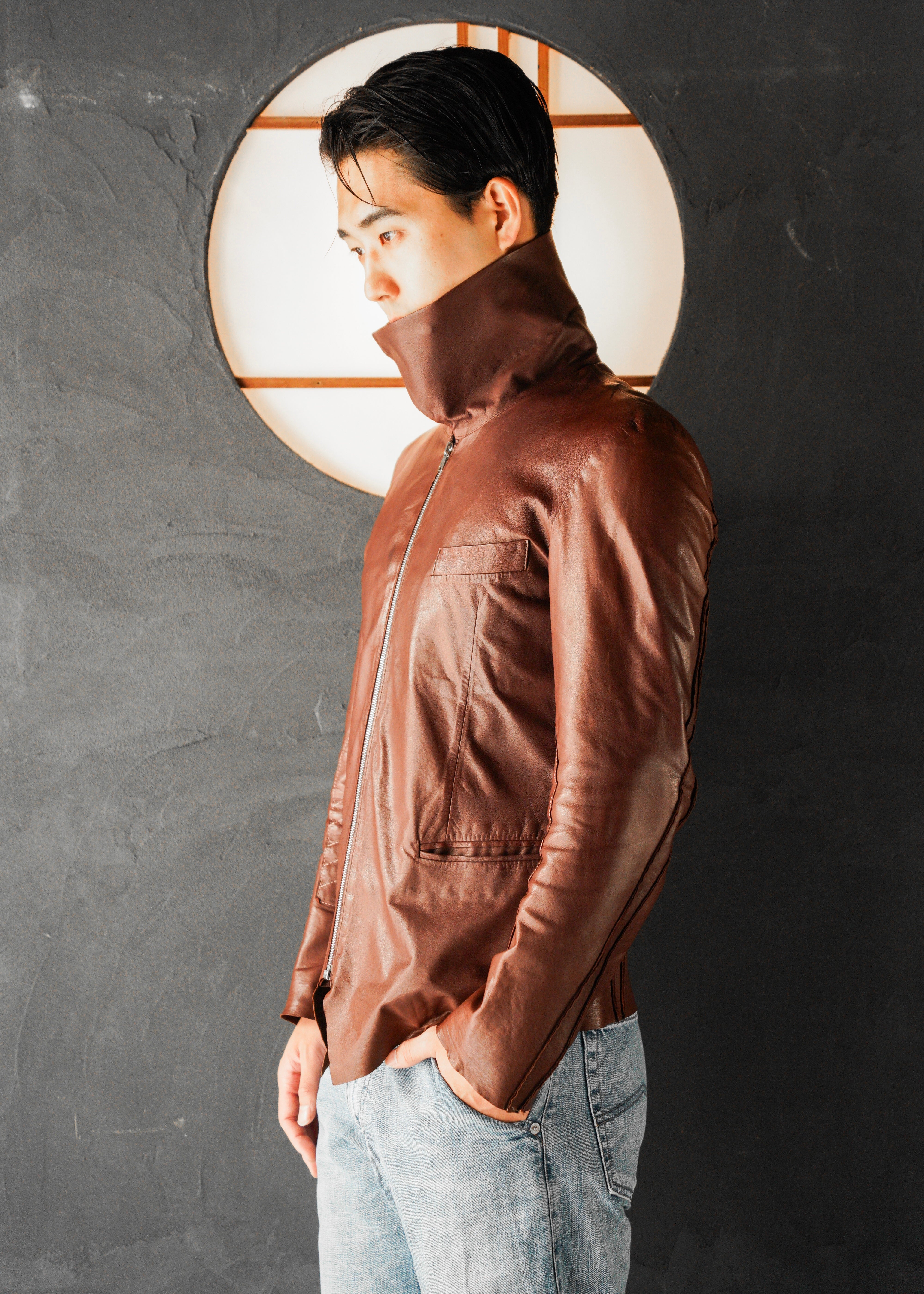 Paul Smith Asymmetrical Collar Leather Jacket in Burgundy