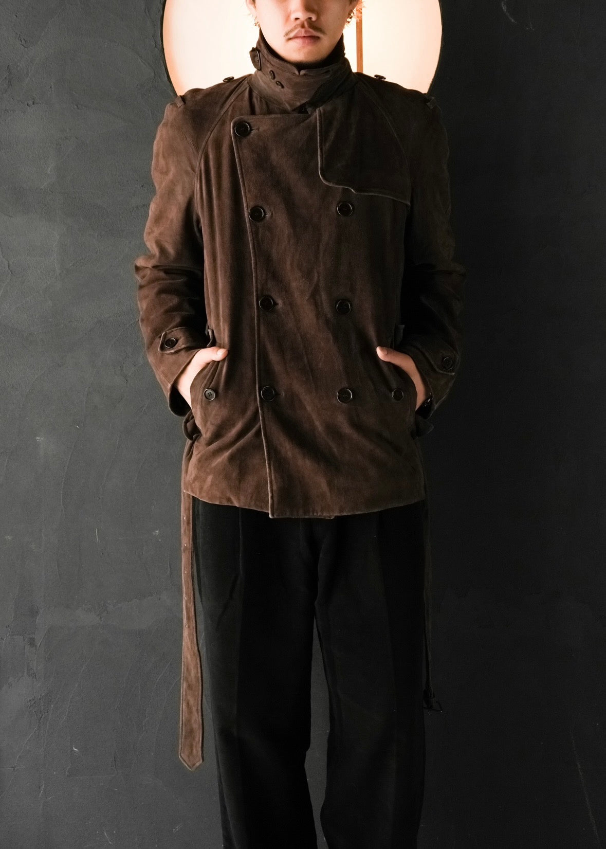 HELMUT LANG 05AW suede double breasted belted coat