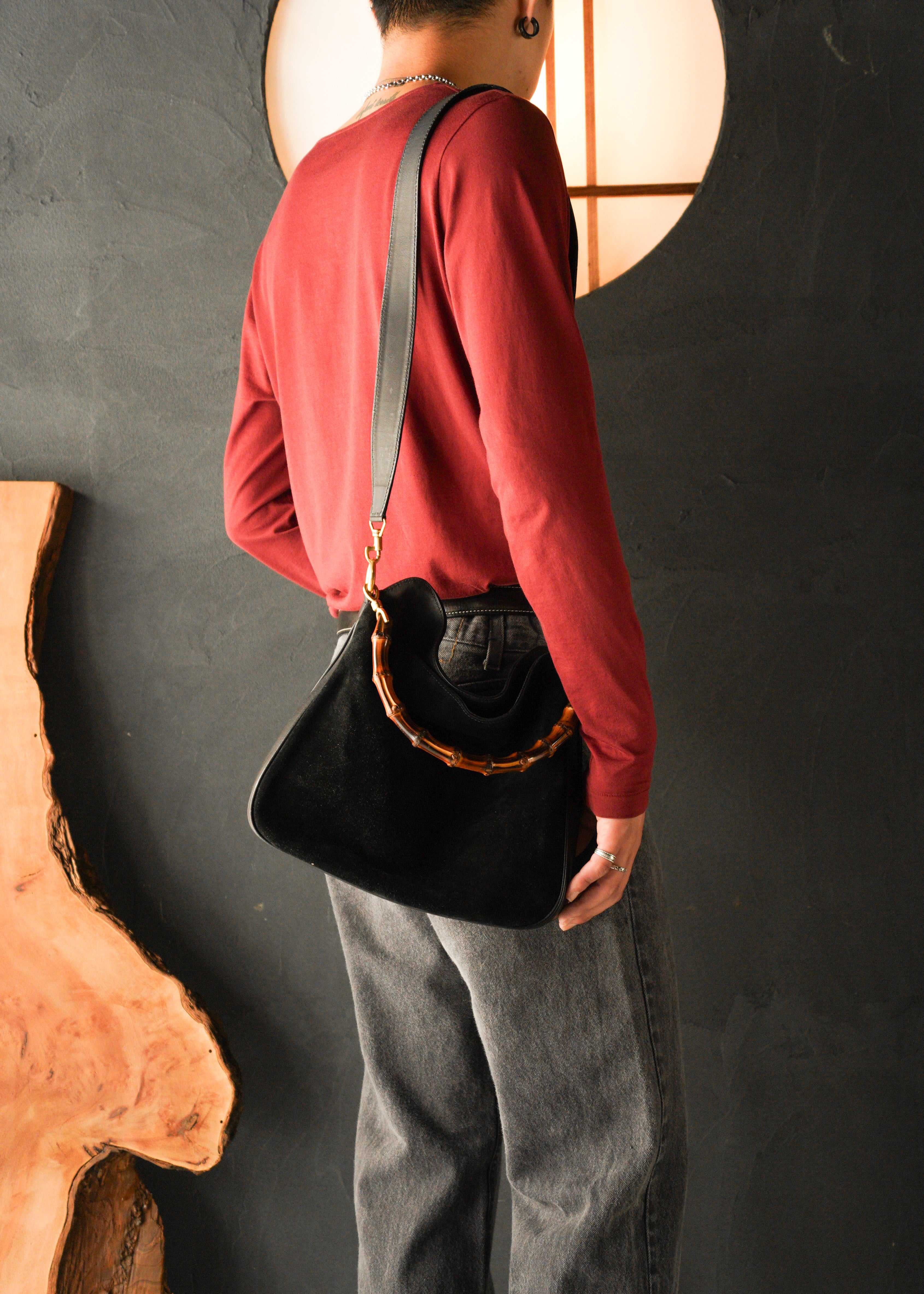90-00’s GUCCI bamboo handle suede leather 2 way shoulder bag