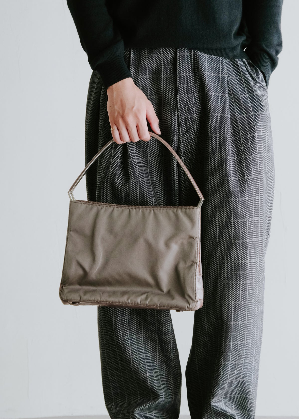 PRADA embossed crocodile leather nylon hand bag with metal leather handle