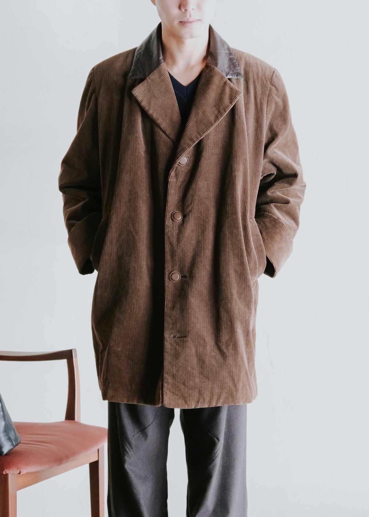 I.S. ISSEY MIYAKE SPORT 1988 leather-collar corduroy long jacket