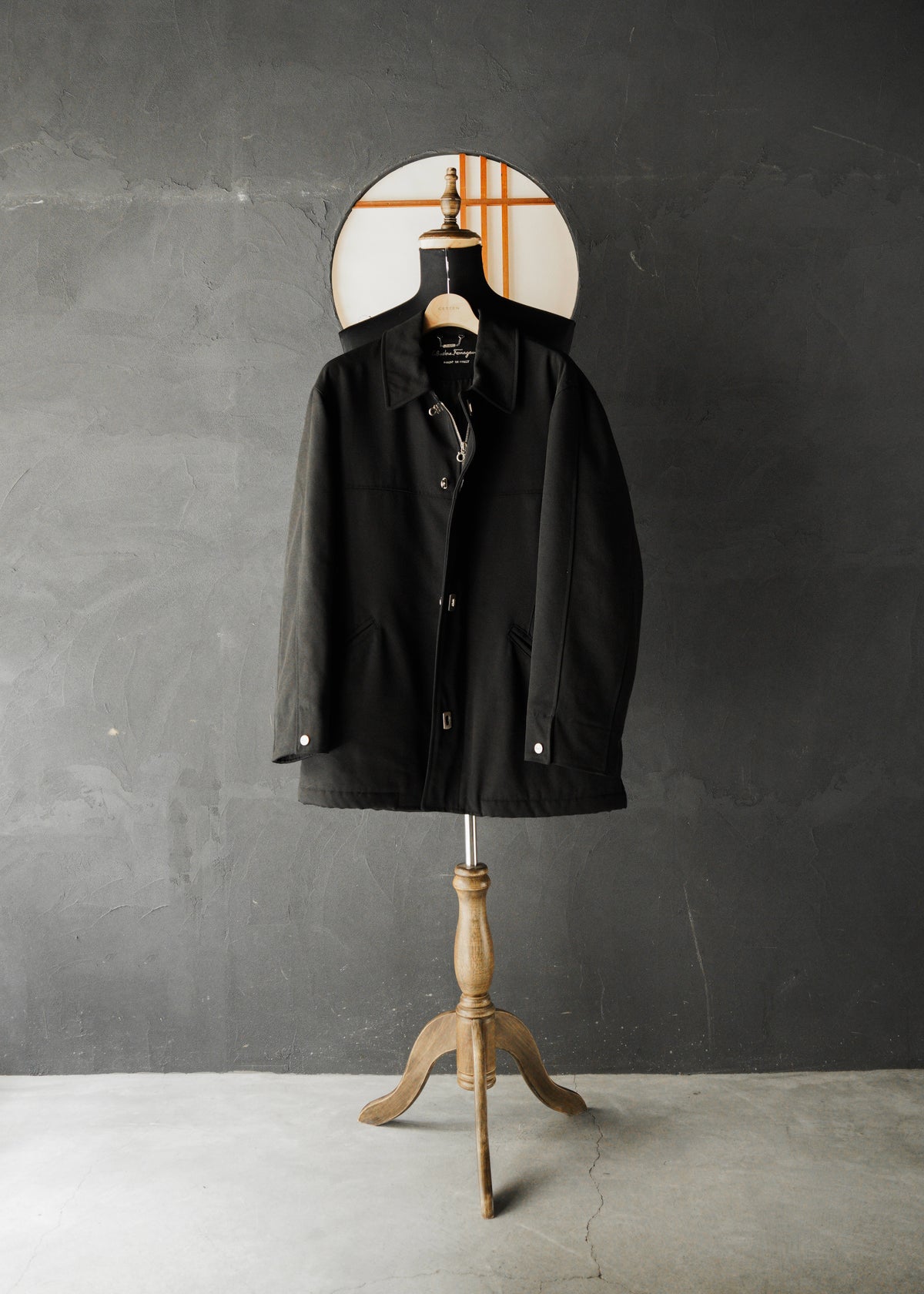 90-00’s Salvatore Ferragamo fly front wool blend nylon half coat
