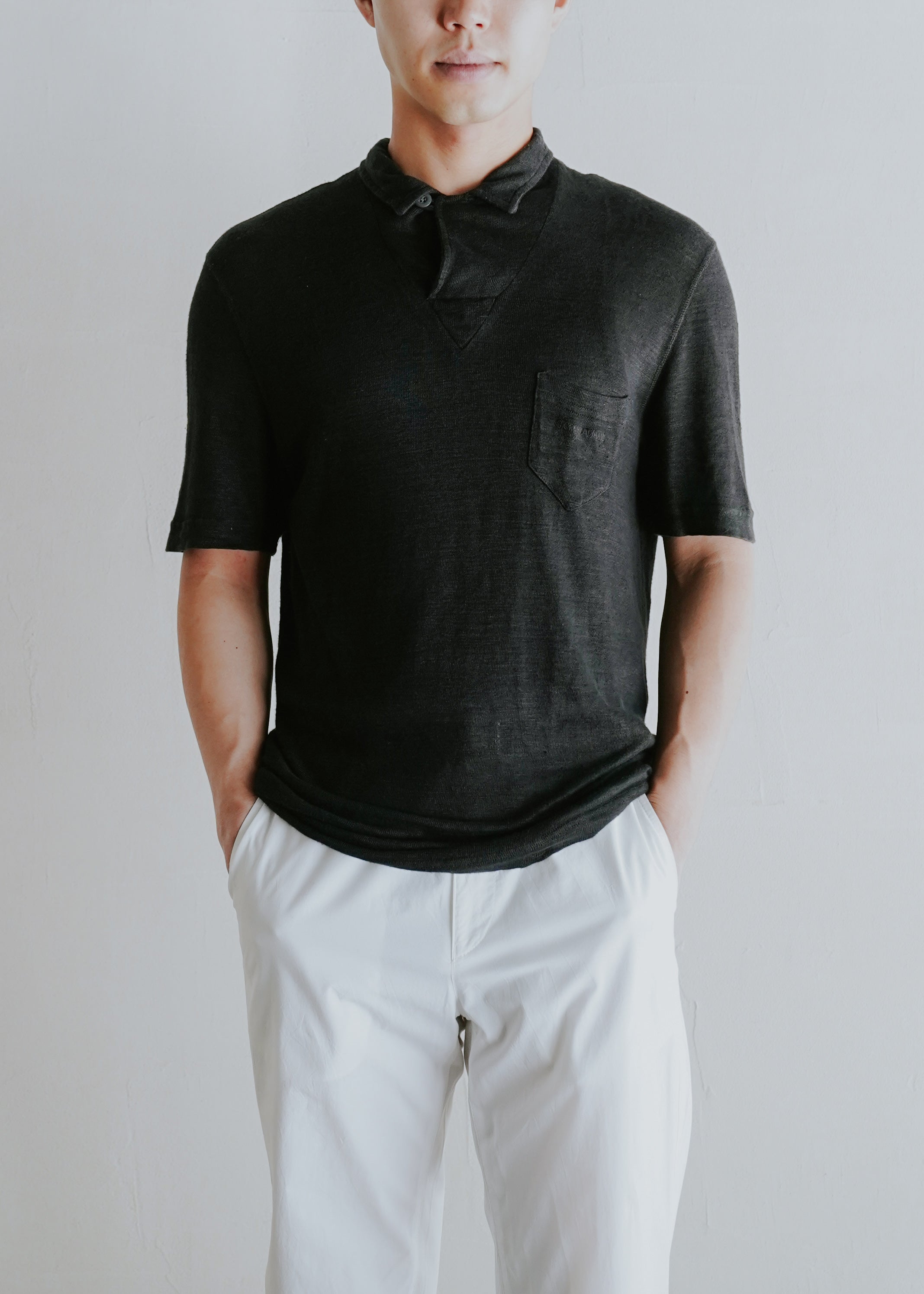 90's GIORGIO ARMANI asymmetric neck linen polo shirt