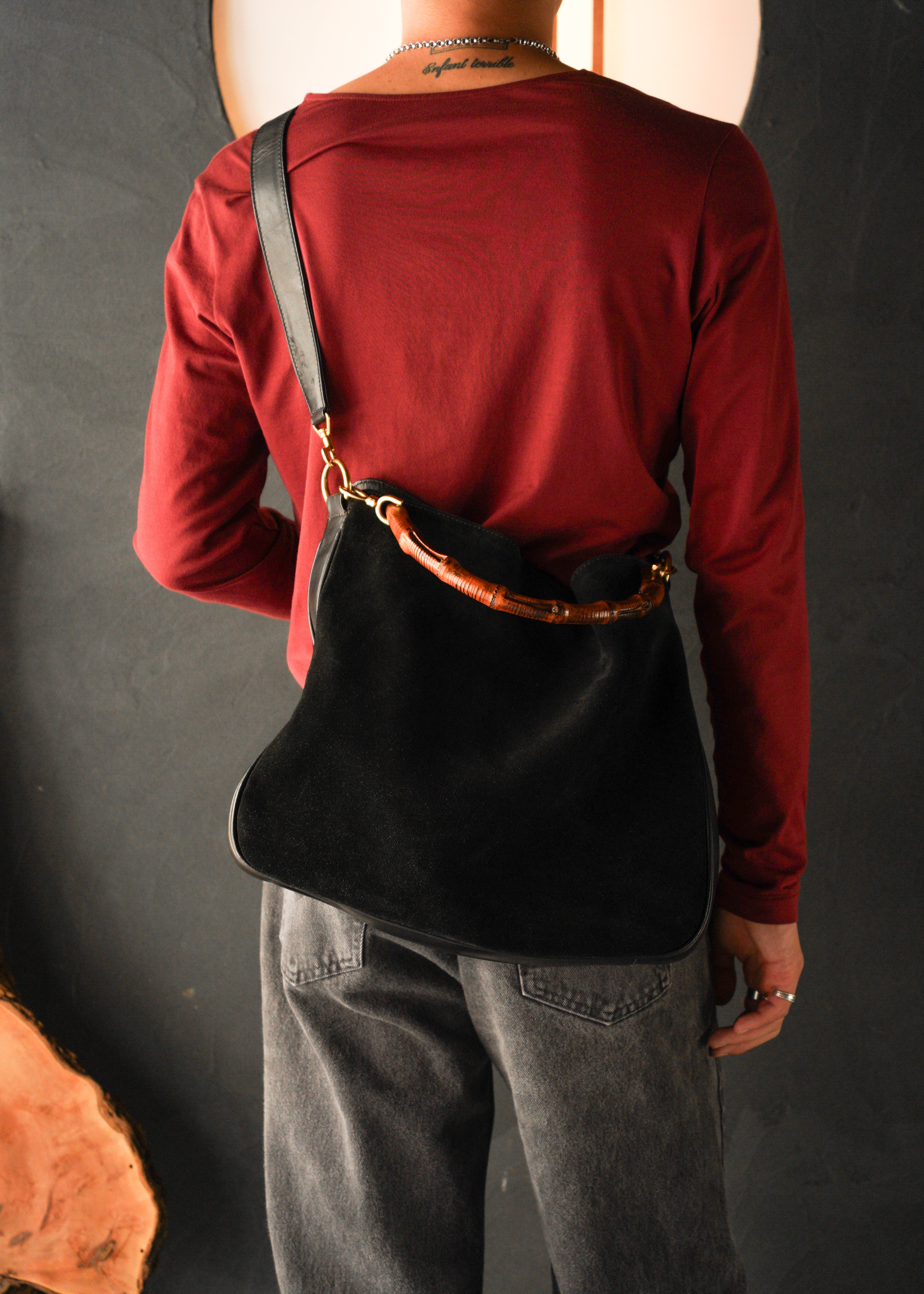 90-00’s GUCCI bamboo handle suede leather 2 way shoulder bag