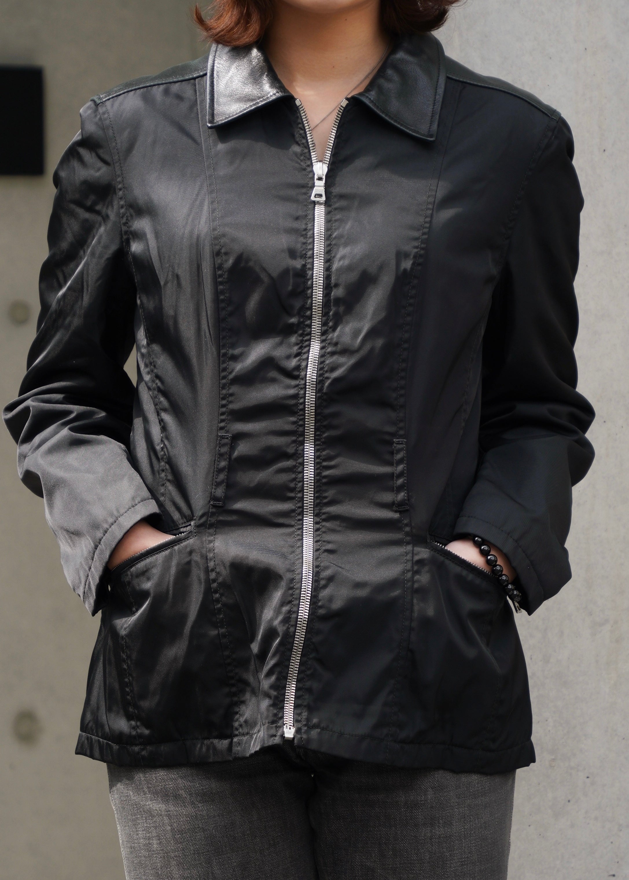90's PRADA leather nylon docking zip up jacket