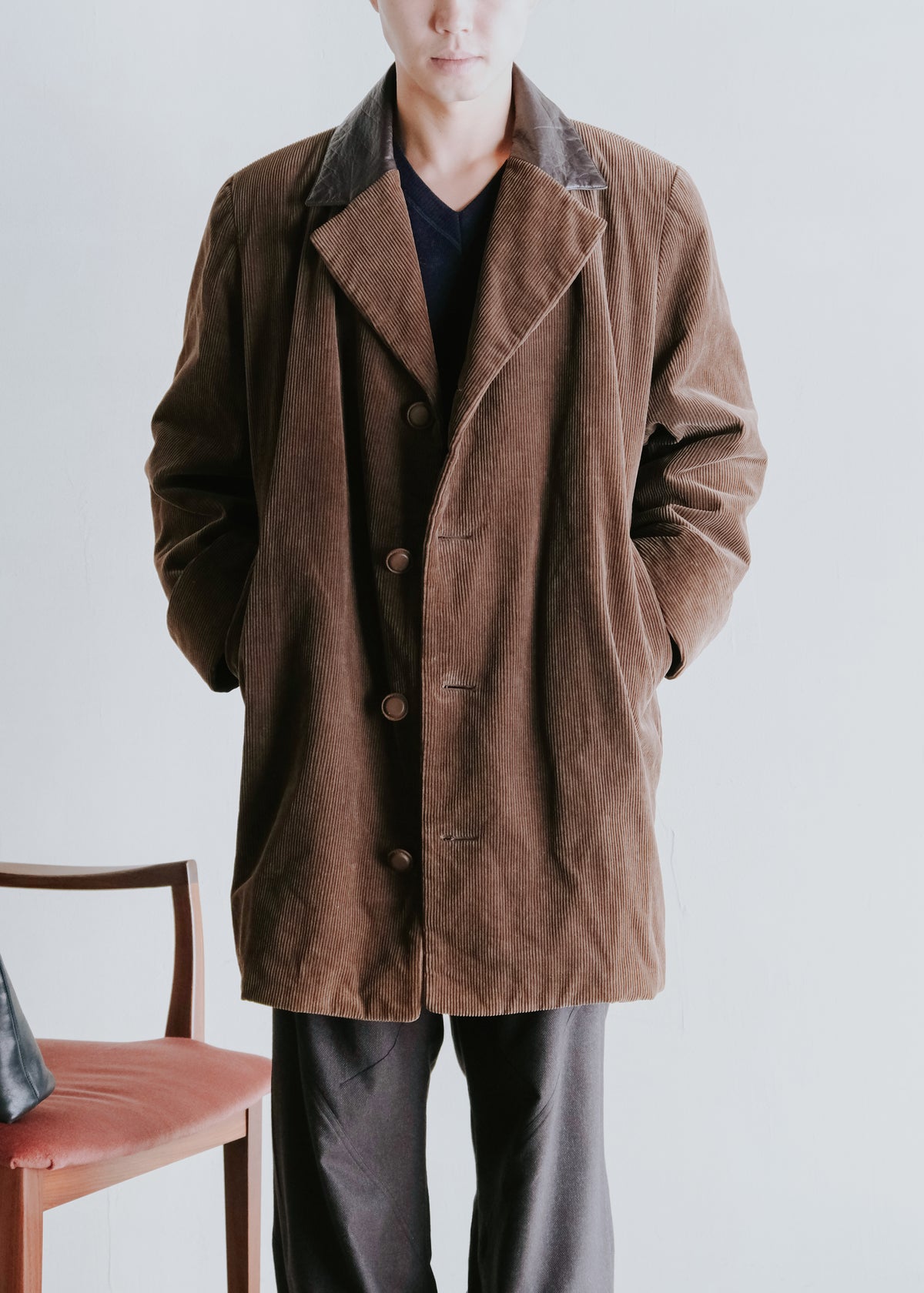 I.S. ISSEY MIYAKE SPORT 1988 leather-collar corduroy long jacket