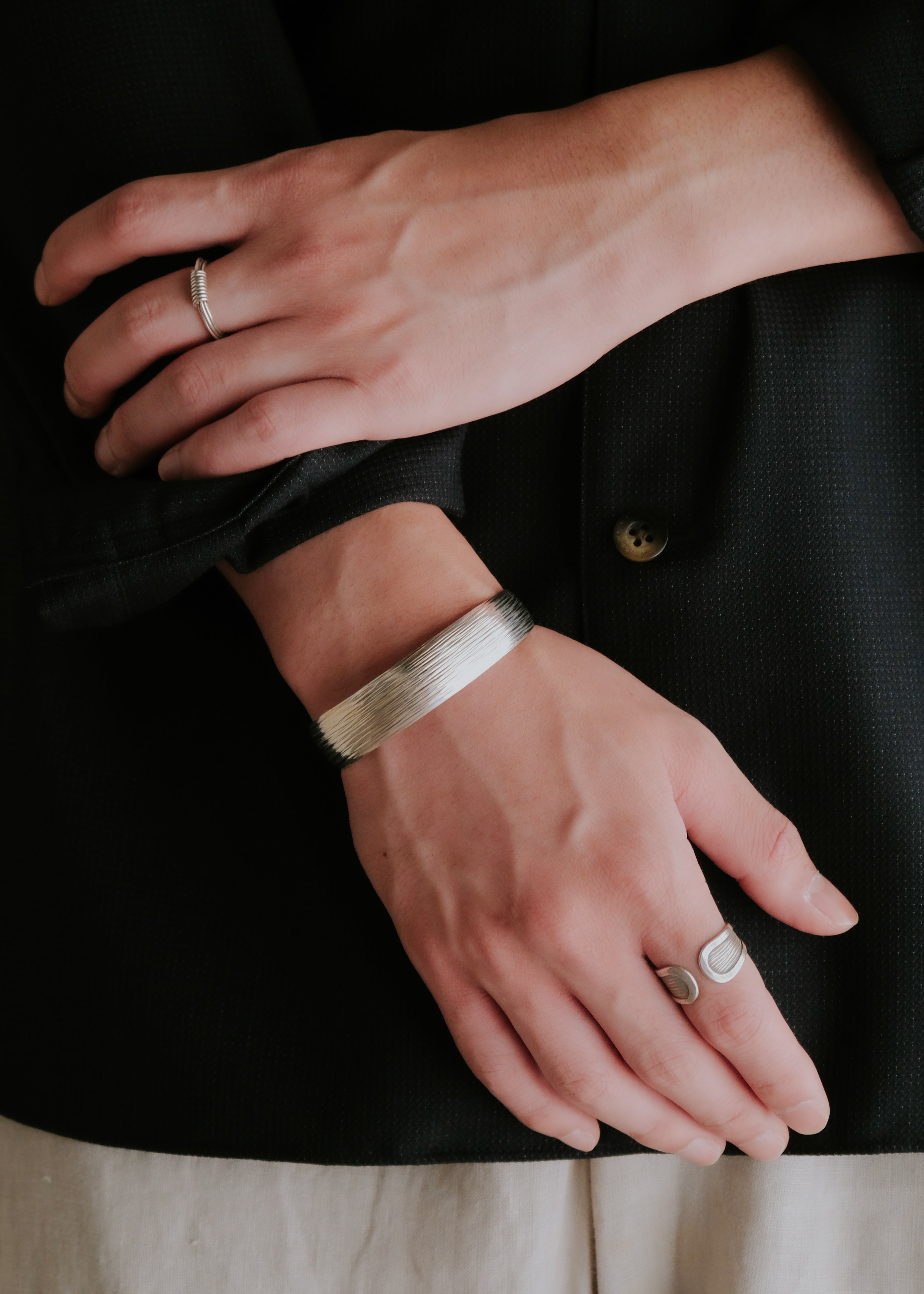 Karen silver multiple line engraved wide bangle