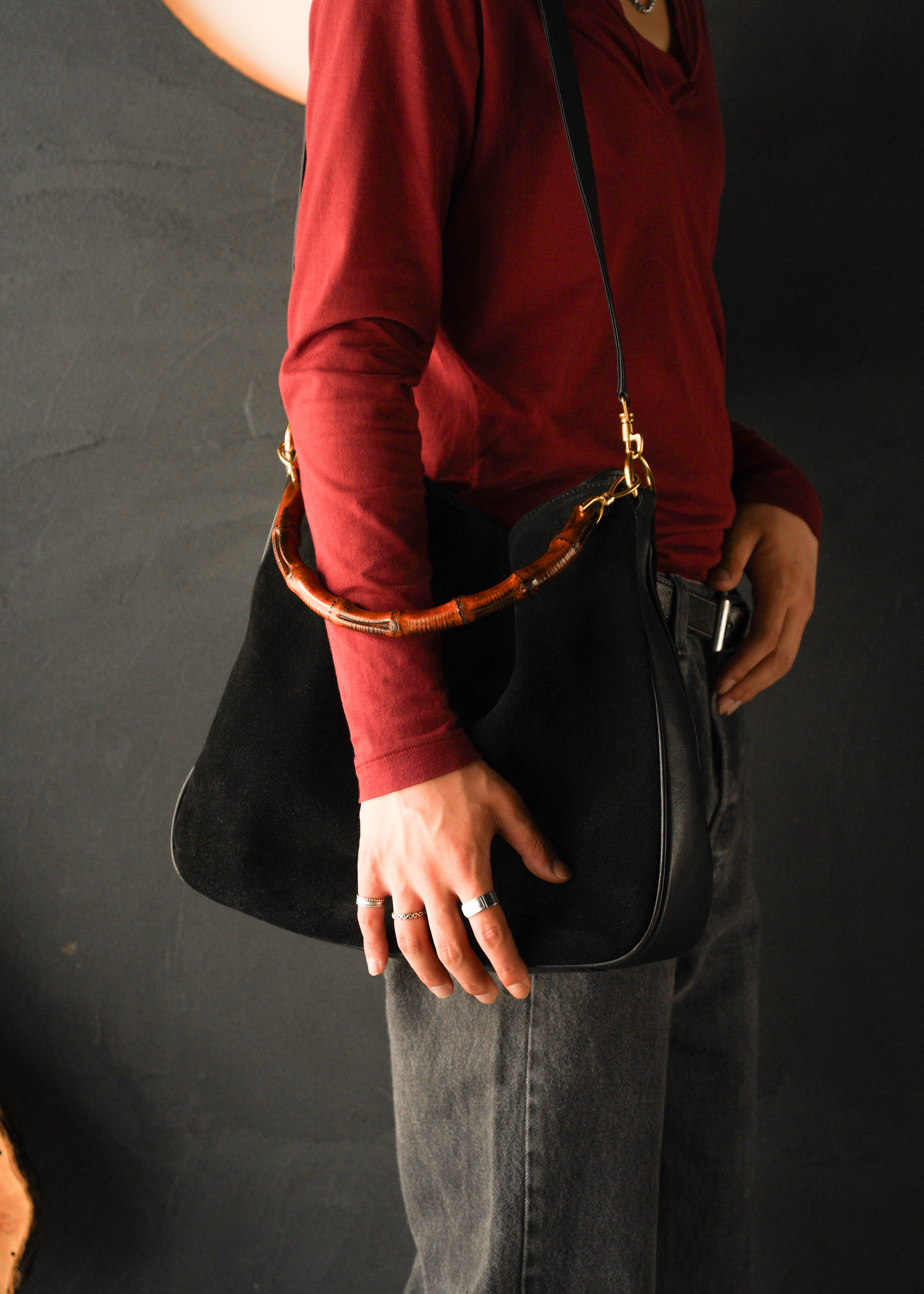 90-00’s GUCCI bamboo handle suede leather 2 way shoulder bag