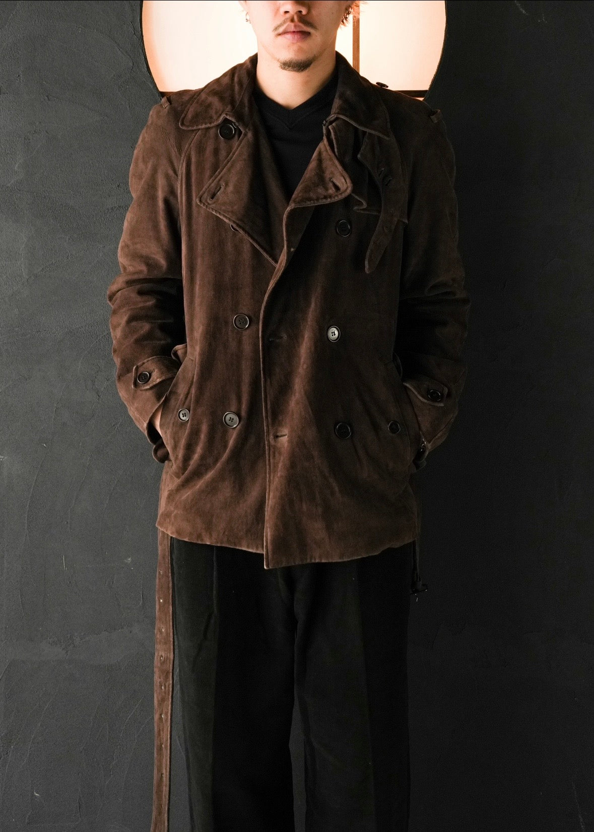 HELMUT LANG 05AW suede double breasted belted coat