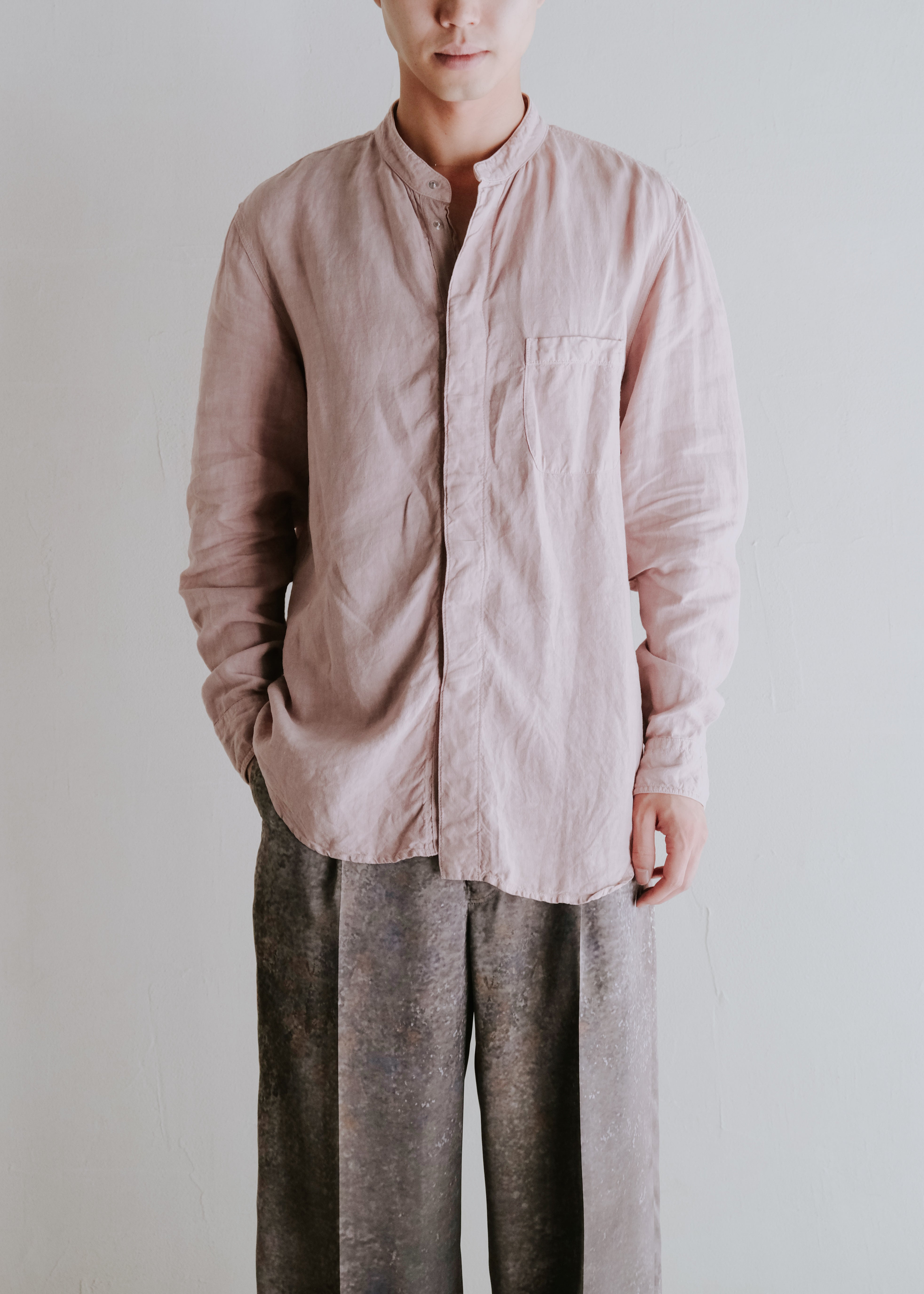 00's ARMANI COLLEZIONI fly front band collar linen shirt