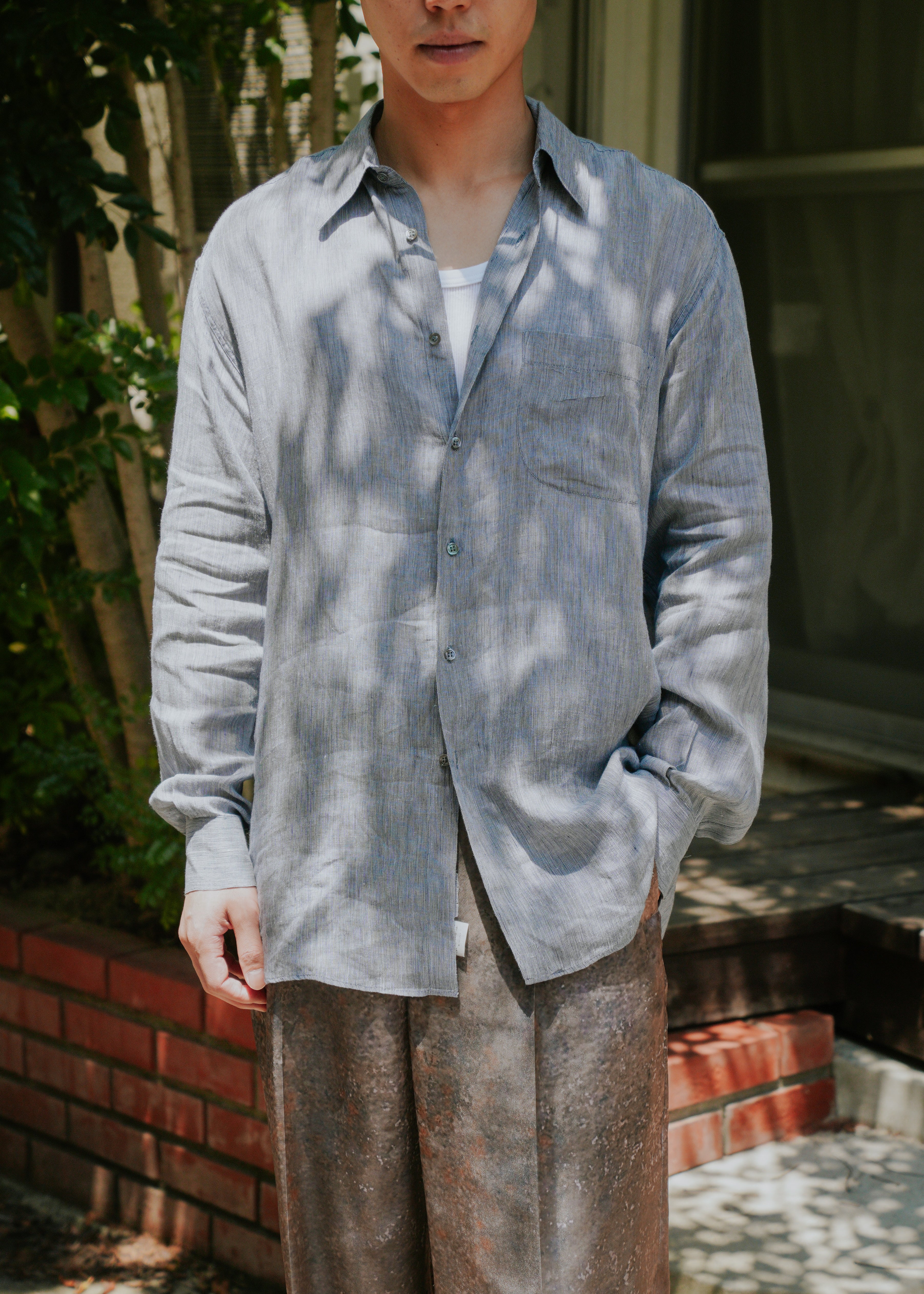 90-00's Salvatore Ferragamo linen regular collar shirt