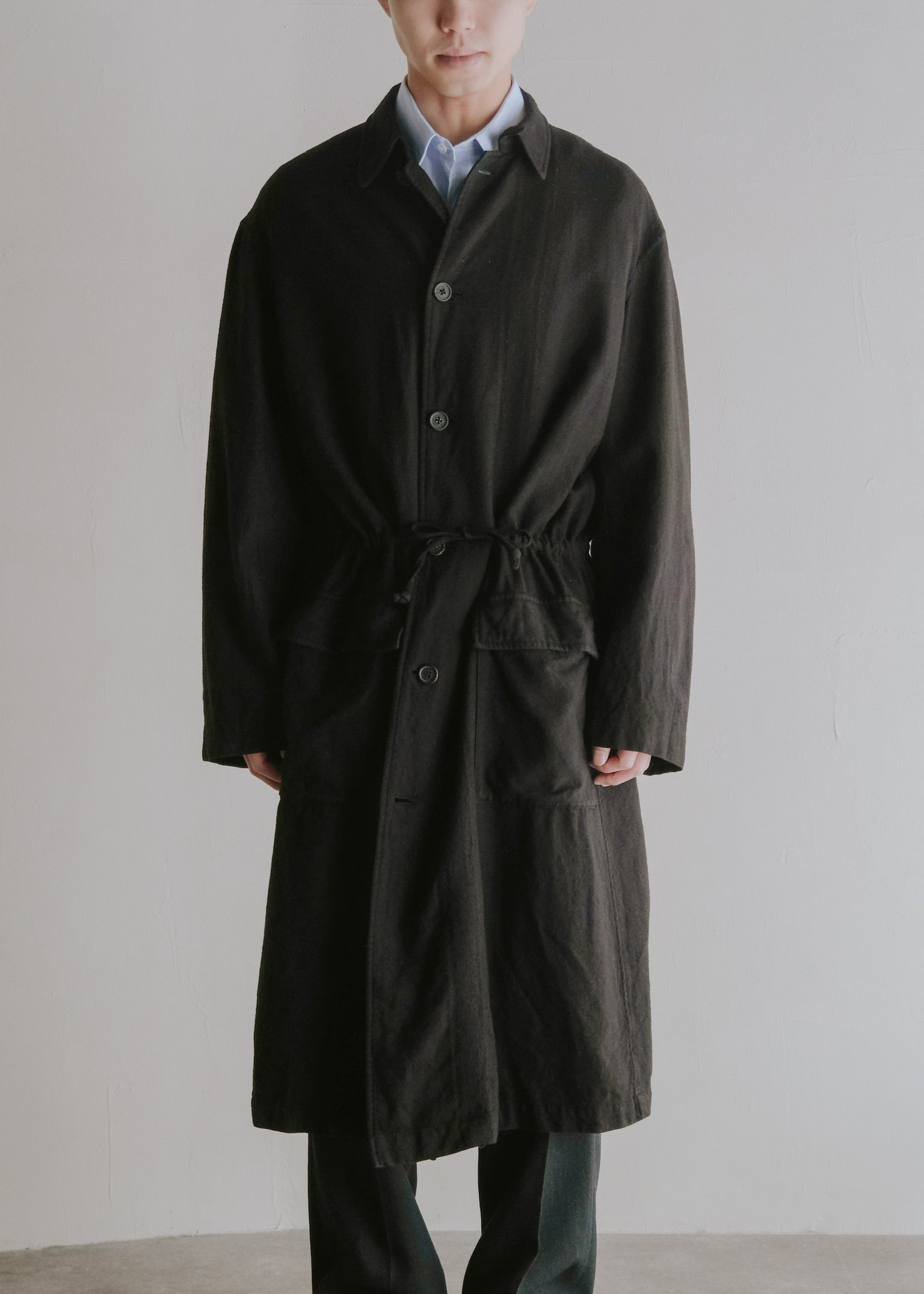 00's Y’s for men washed wool drawstring long balmacaan coat