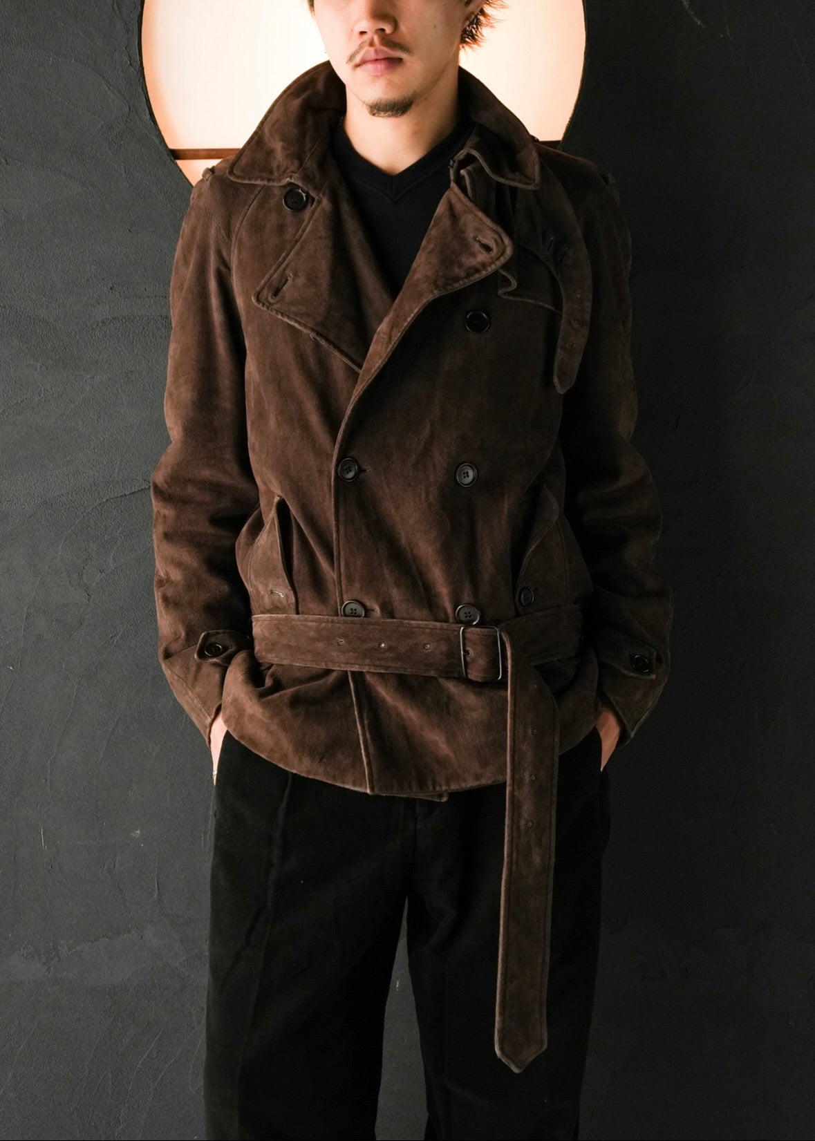 HELMUT LANG 05AW suede double breasted belted coat