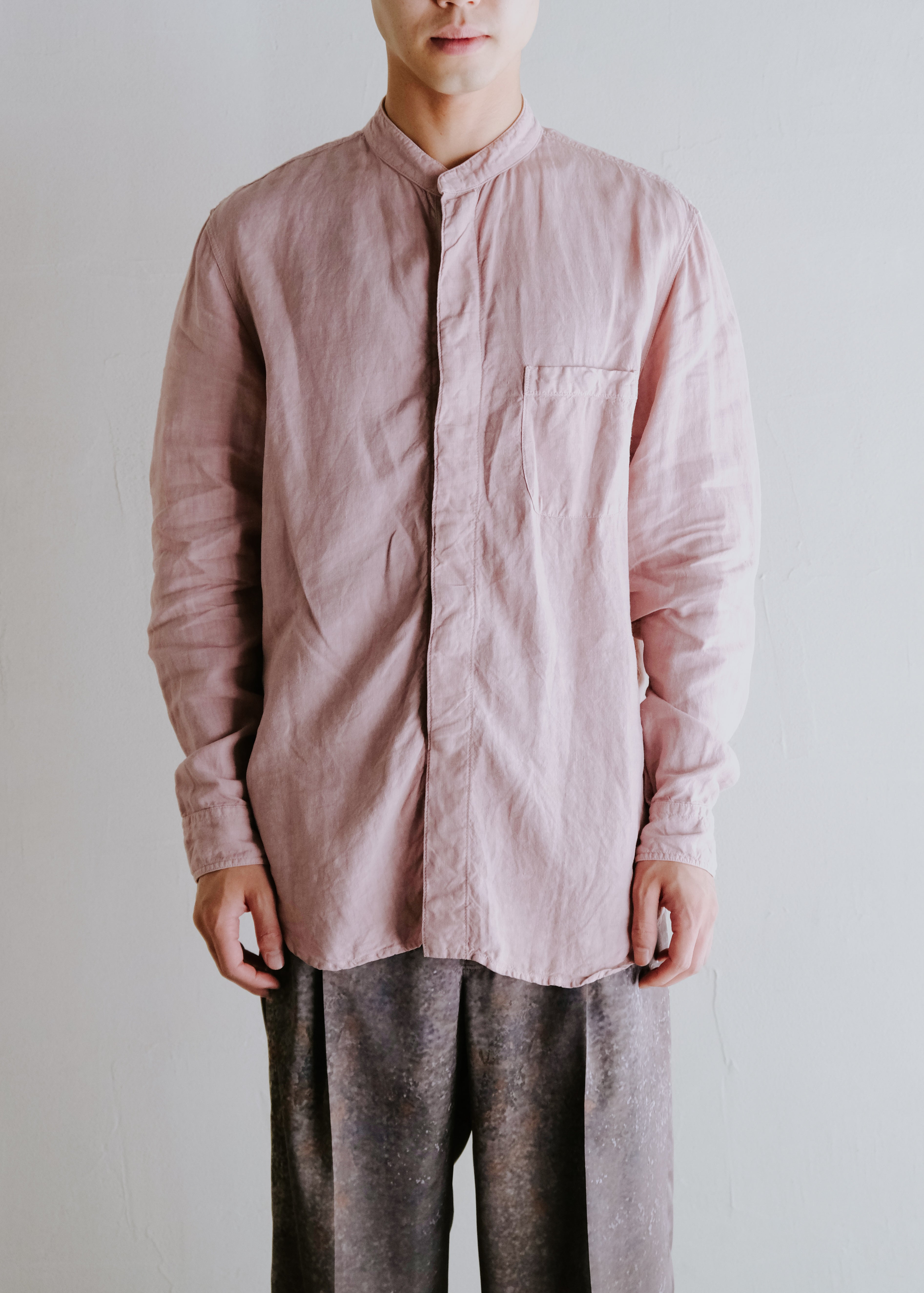 00's ARMANI COLLEZIONI fly front band collar linen shirt