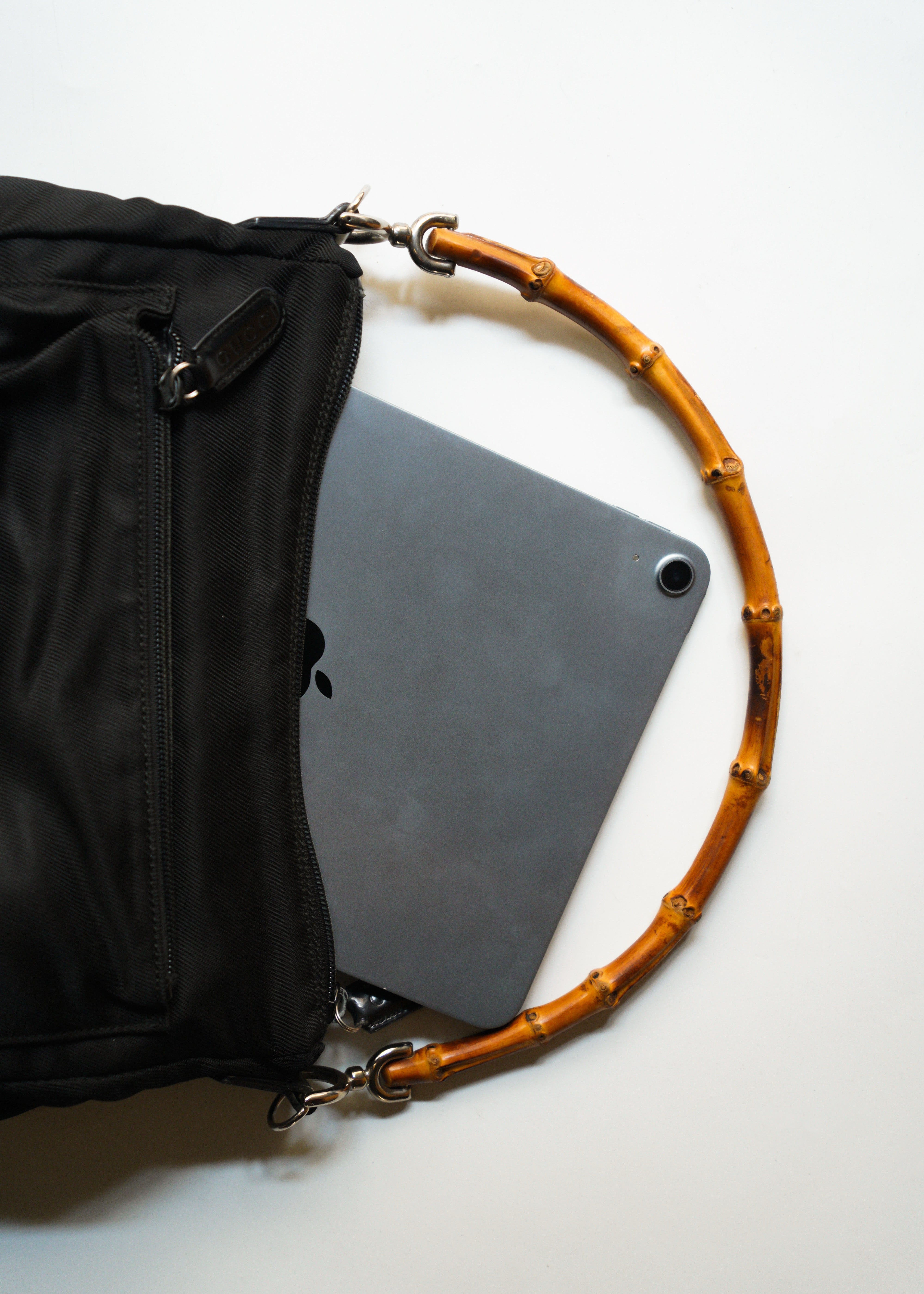 90’s GUCCI bamboo handle nylon shoulder bag