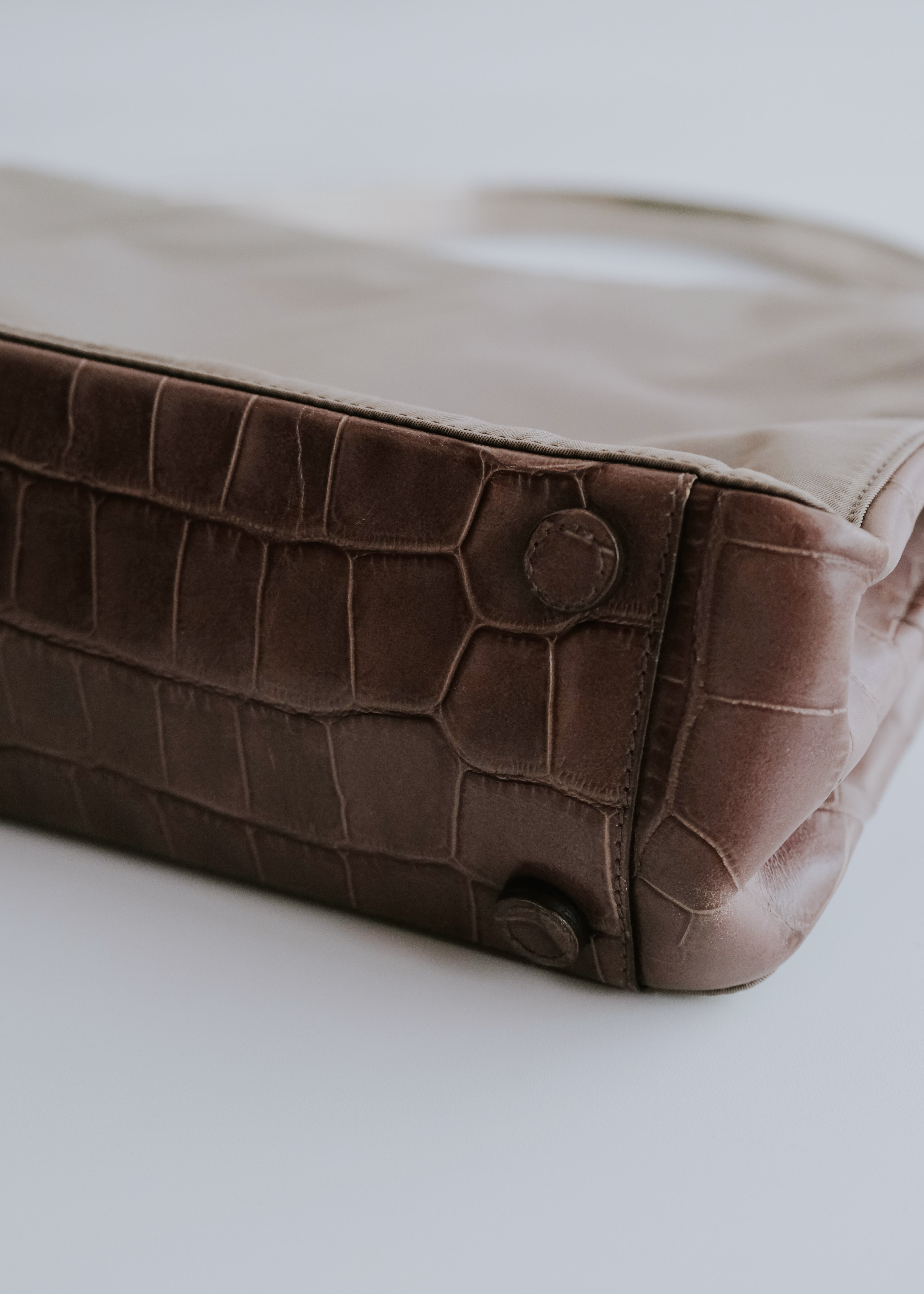 PRADA embossed crocodile leather nylon hand bag with metal leather handle