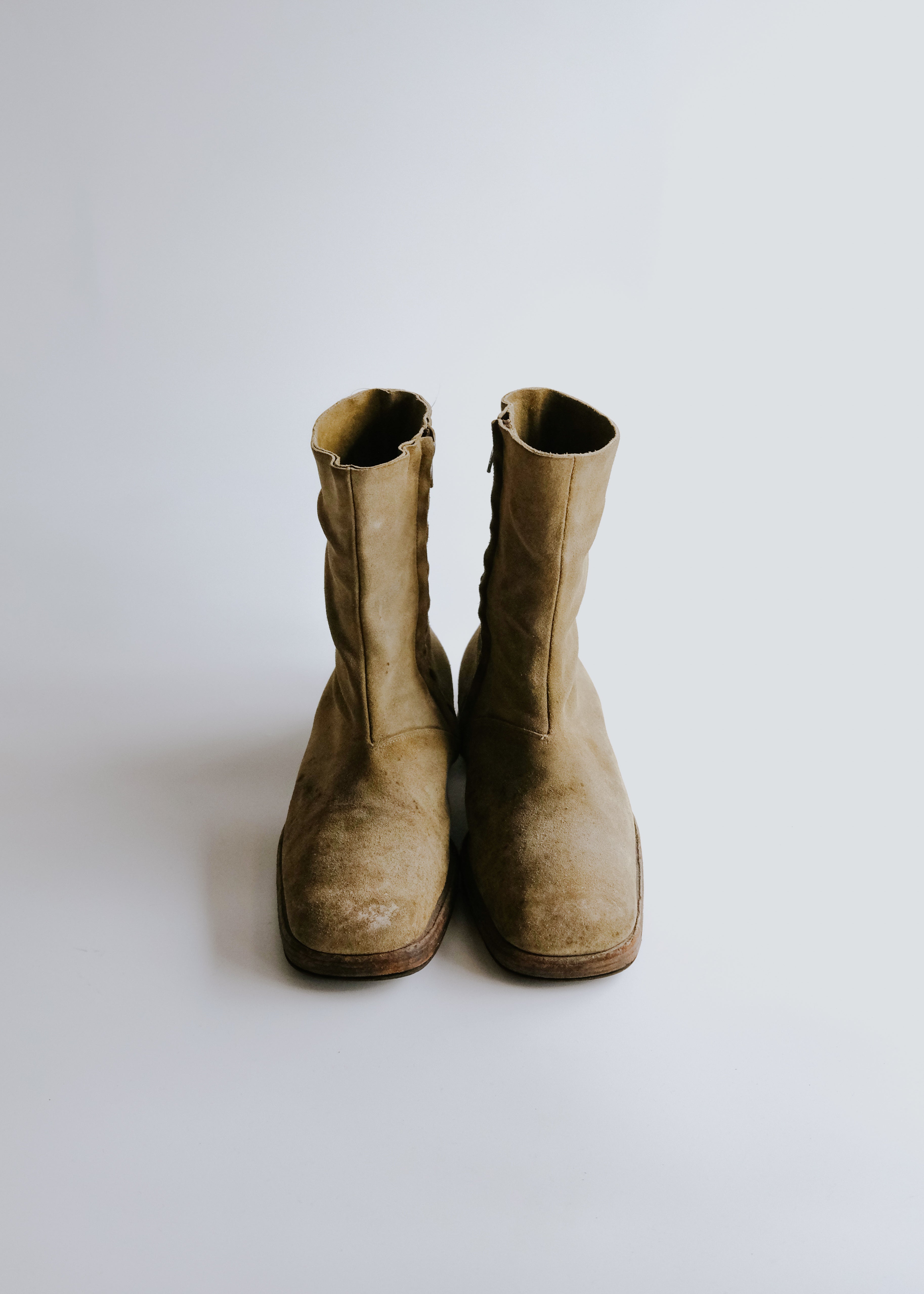 Martin Margiela 03AW aged suede square toe side zip boots