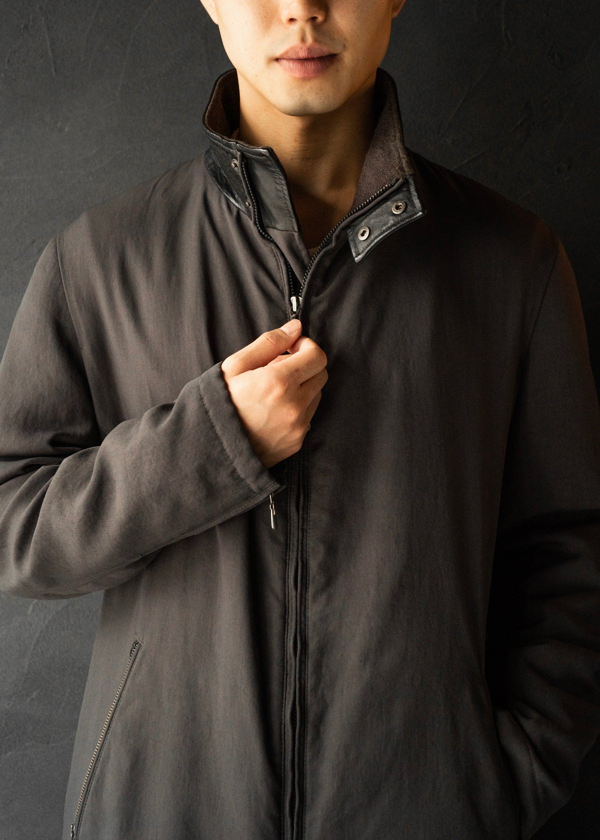 ARMANI COLLETIONI leather stand collar zip up coat