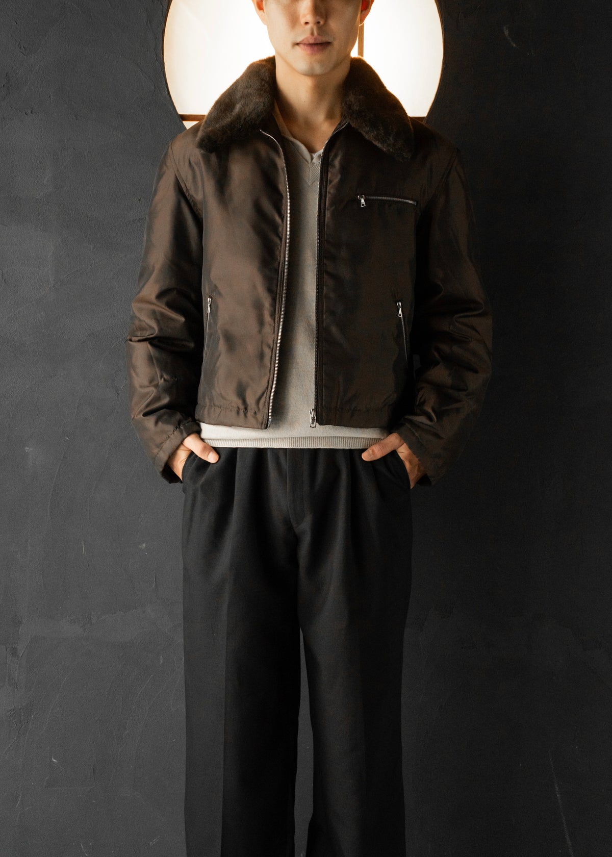 90's COMME CA DU MODE MEN leather detachable collar zip up jacket