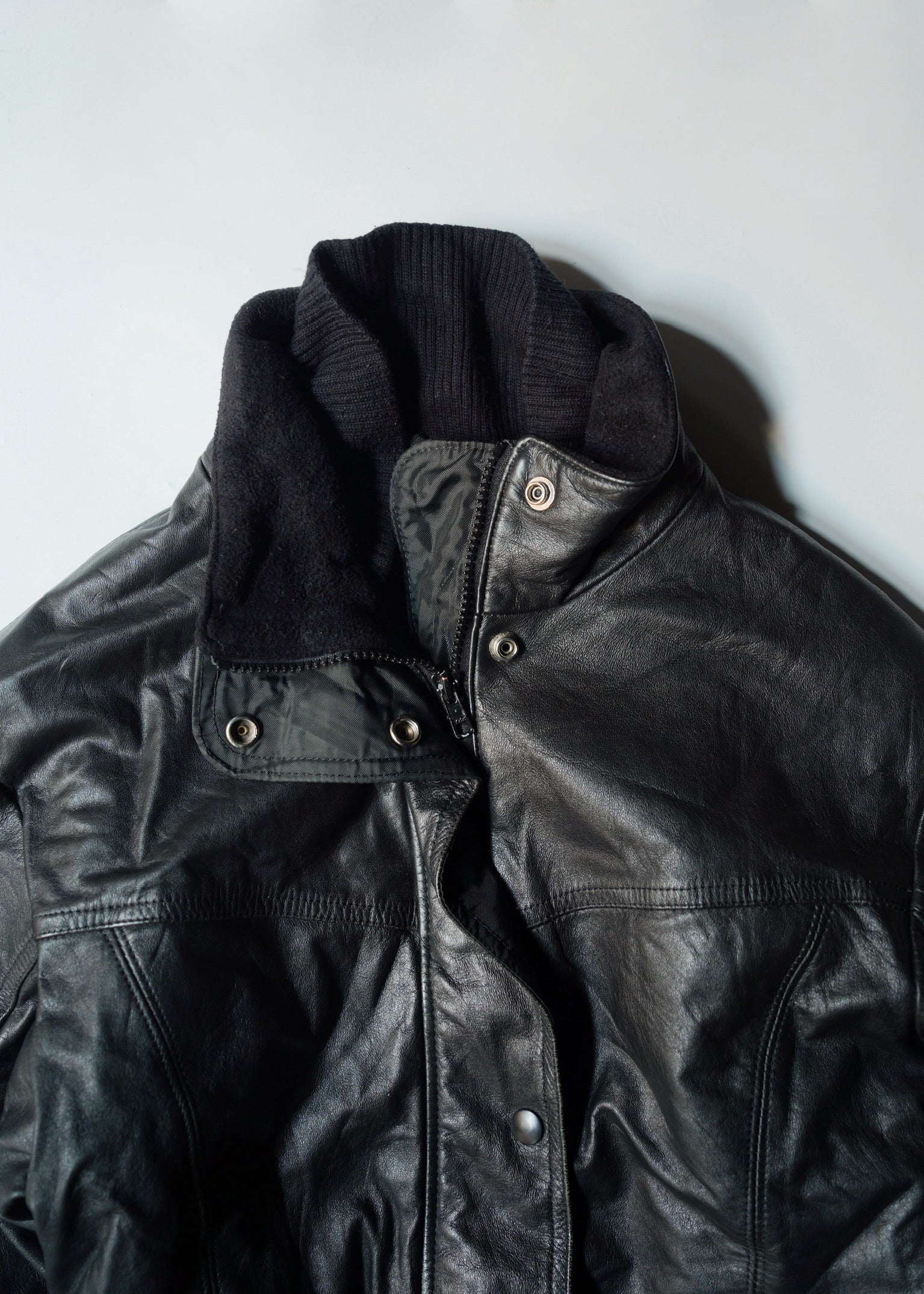 stand collar gimmick leather jacket