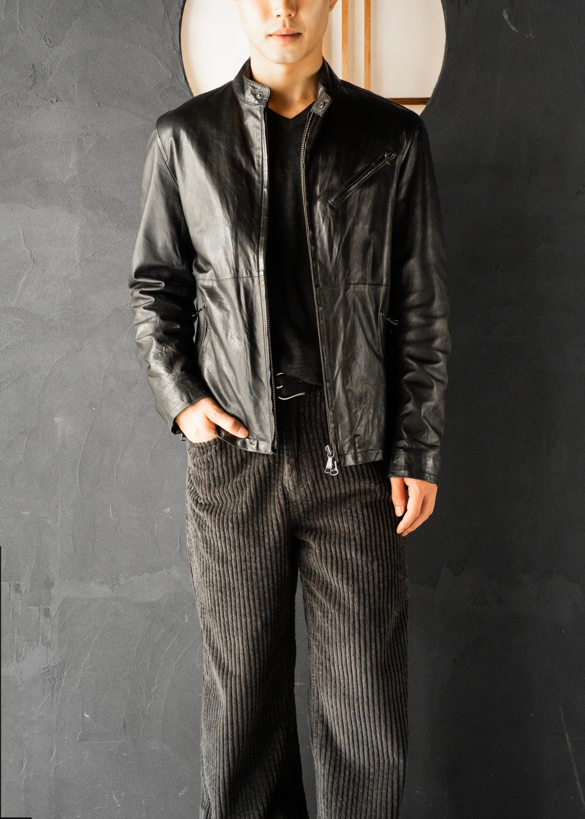 00's- BANANA REPUBLIC double zip single leather jacket