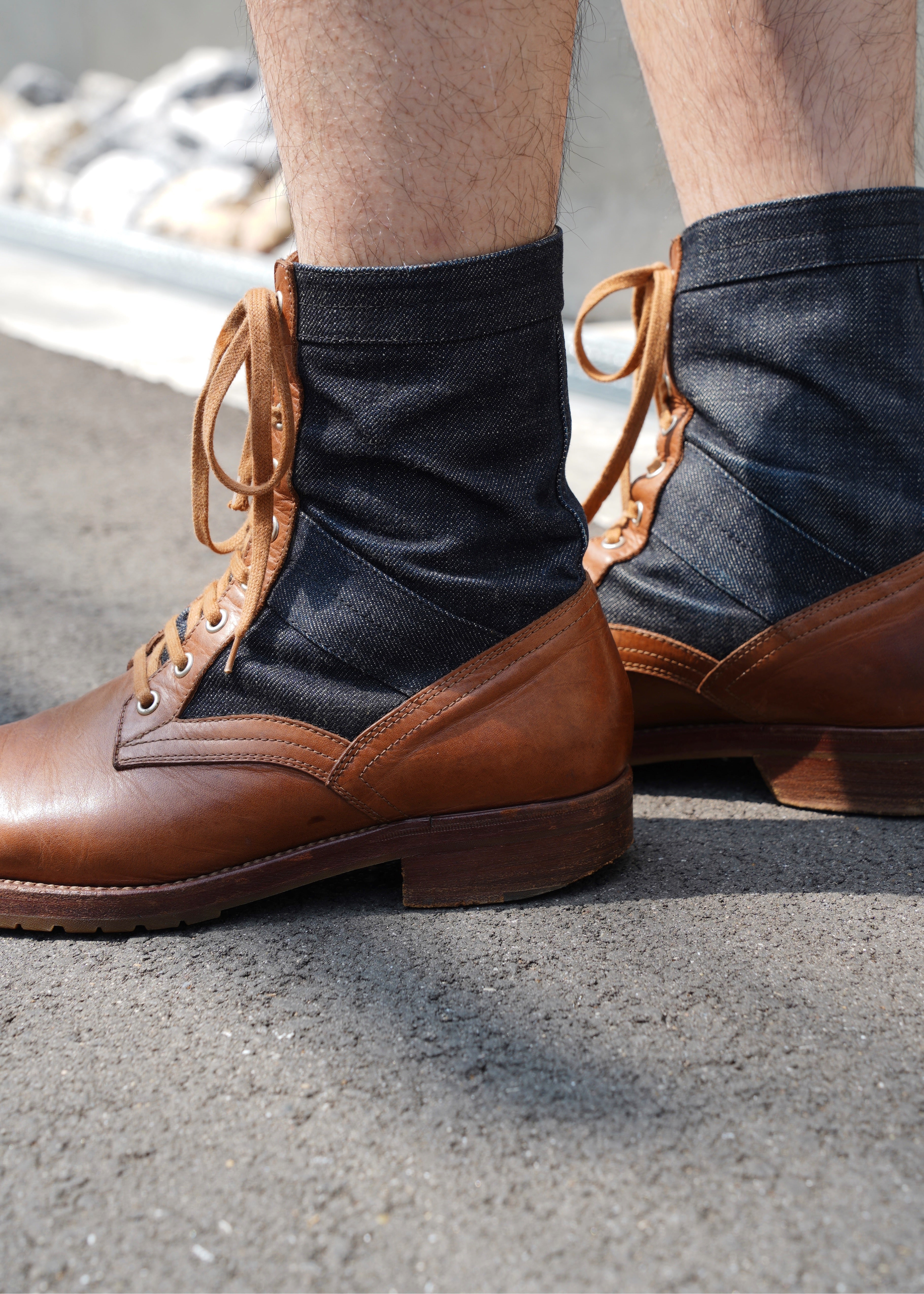 10's DRIES VAN NOTEN leather denim docking lace up boots