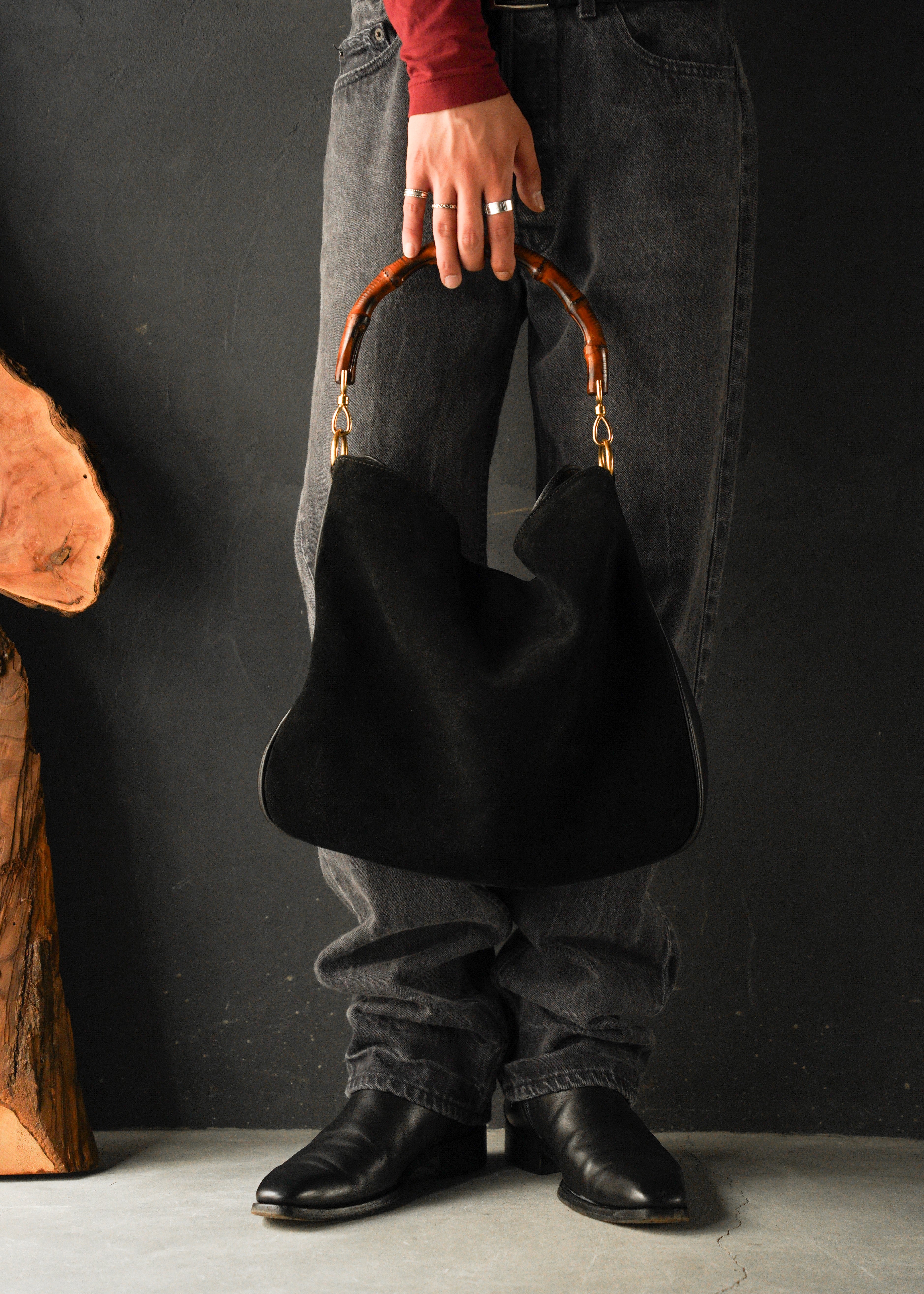 90-00’s GUCCI bamboo handle suede leather 2 way shoulder bag