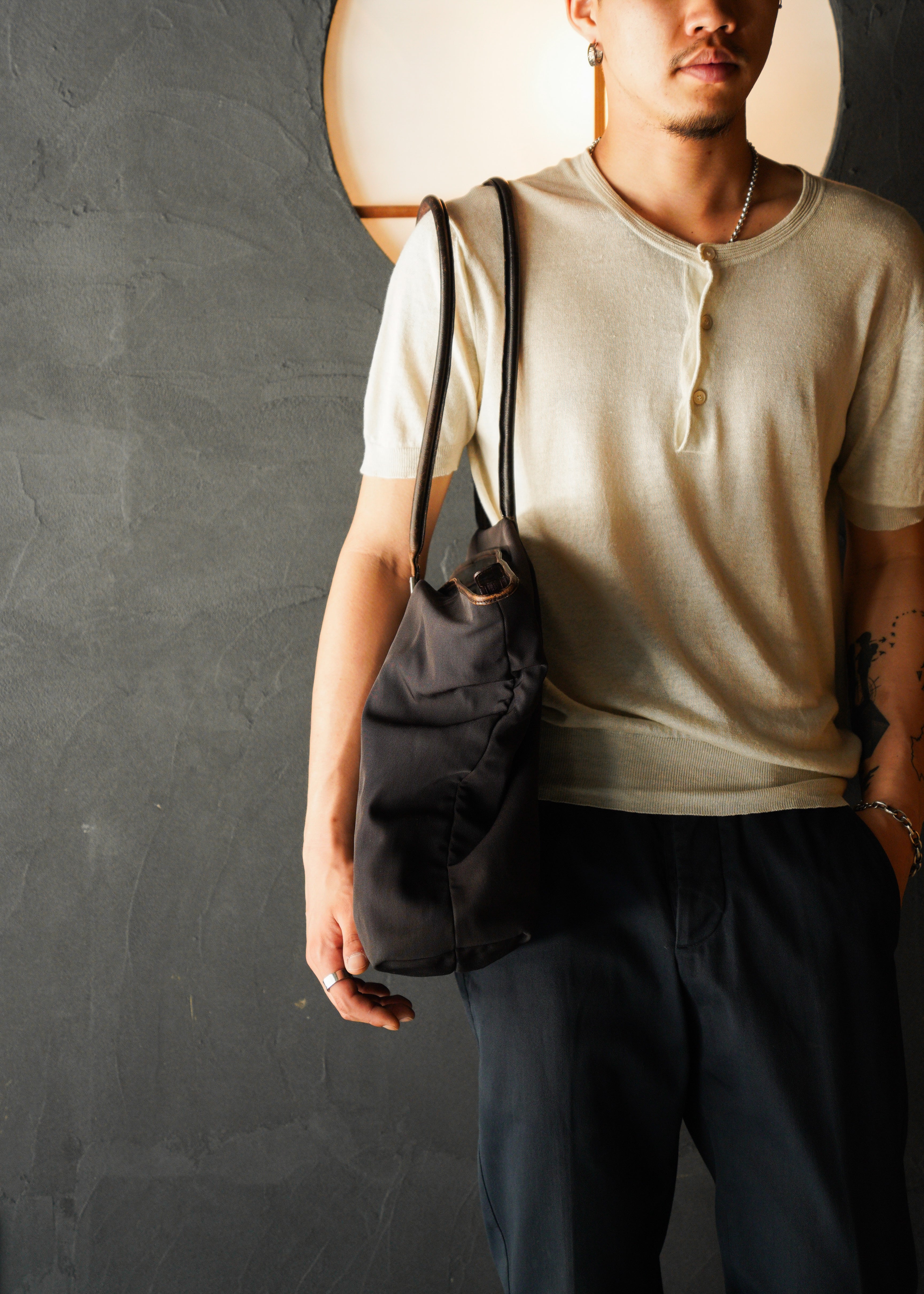90-00’s GUCCI leather handle nylon boston bag