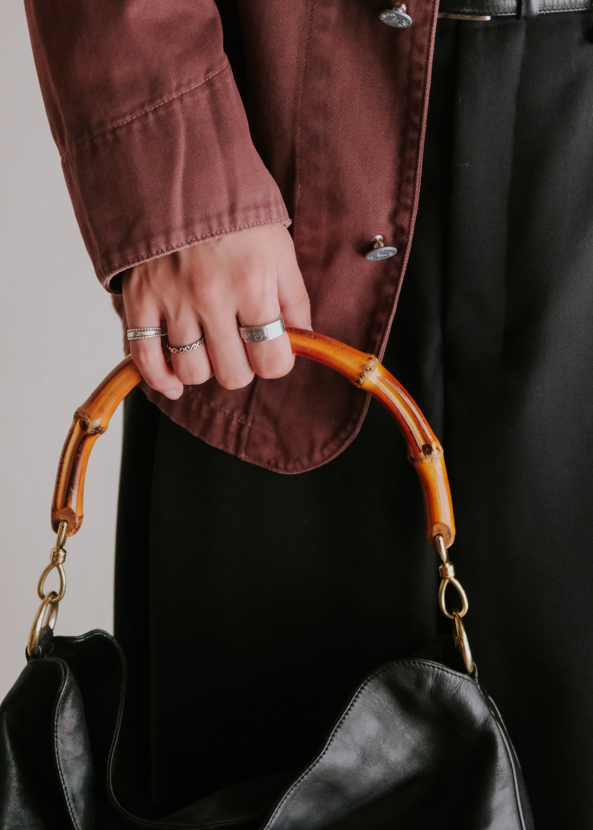 00's GUCCI leather hand bag with bamboo handle