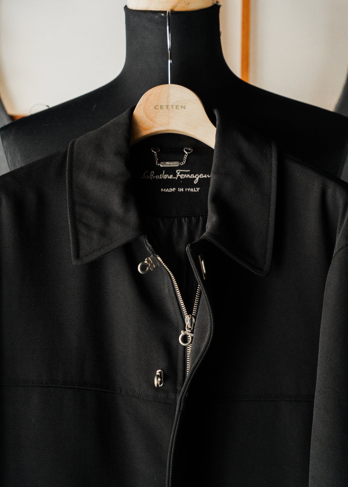 90-00’s Salvatore Ferragamo fly front wool blend nylon half coat