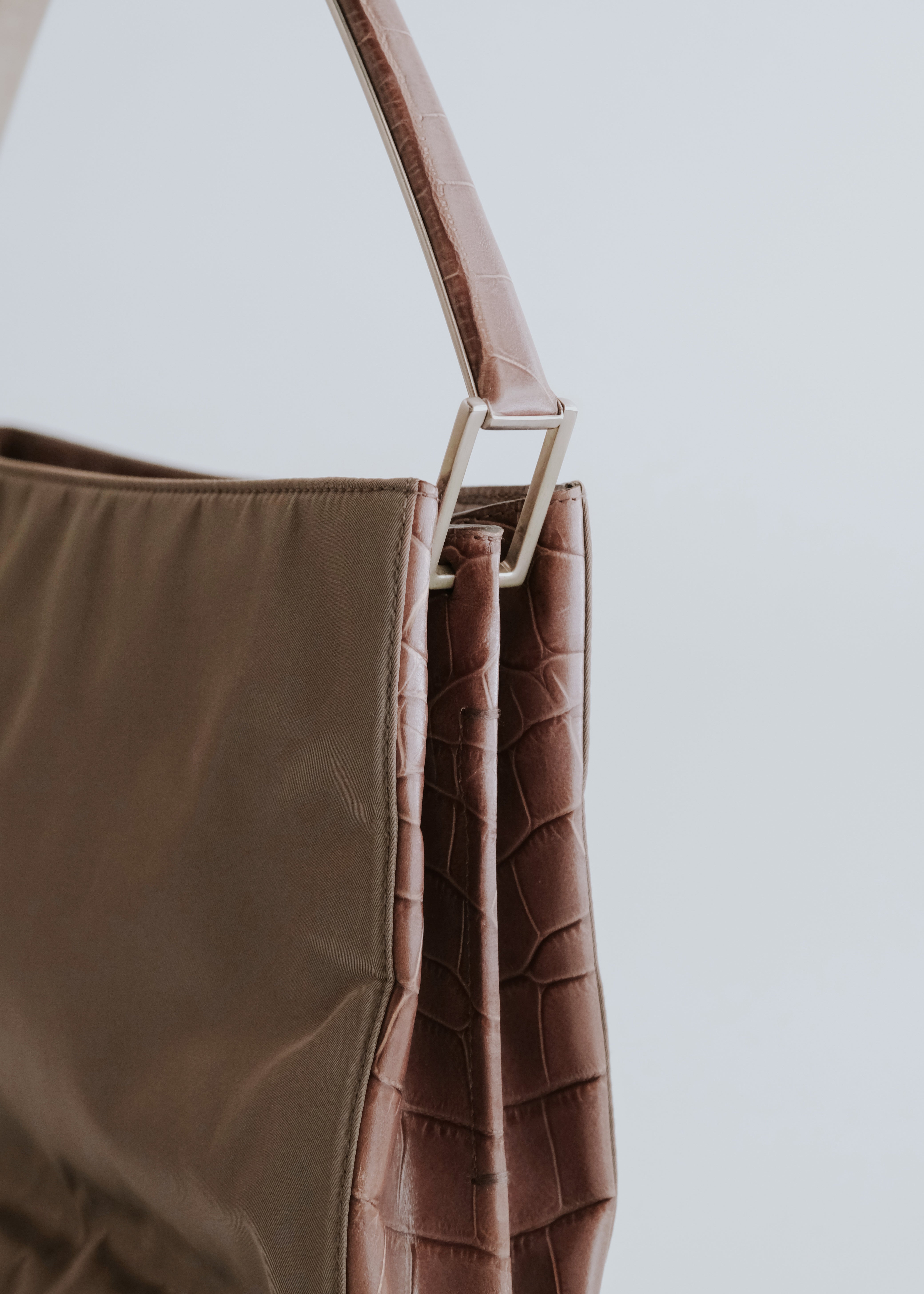 PRADA embossed crocodile leather nylon hand bag with metal leather handle
