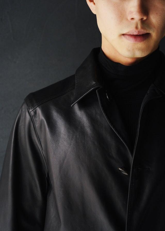 【オールレザー】00s PRADA All Leather Tailored 2000's PRADA short length open collar leather jacket | NOIR ONLINE