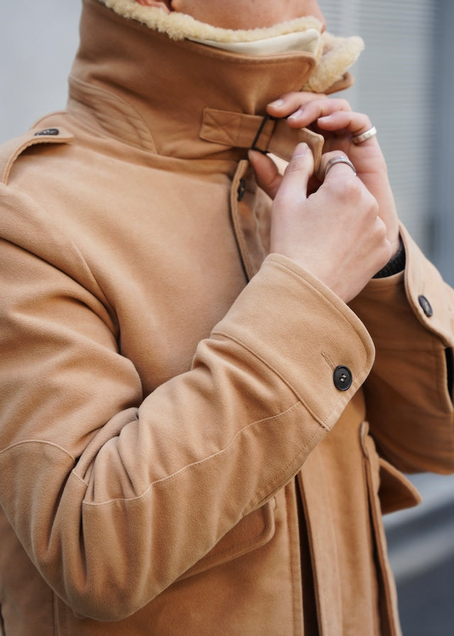 00's A.P.C. detachable boa stand collar moleskin blouson