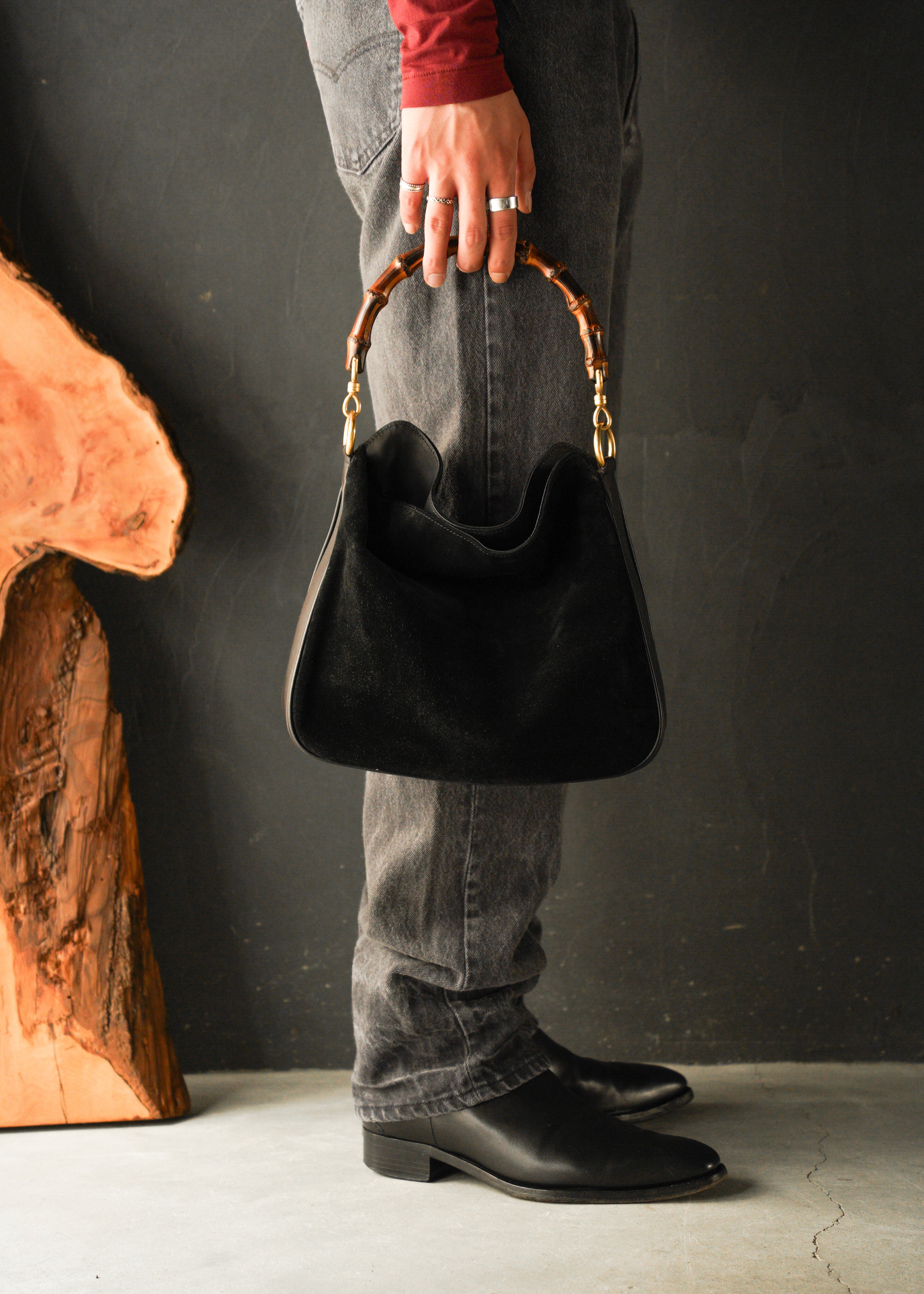 90-00’s GUCCI bamboo handle suede leather 2 way shoulder bag