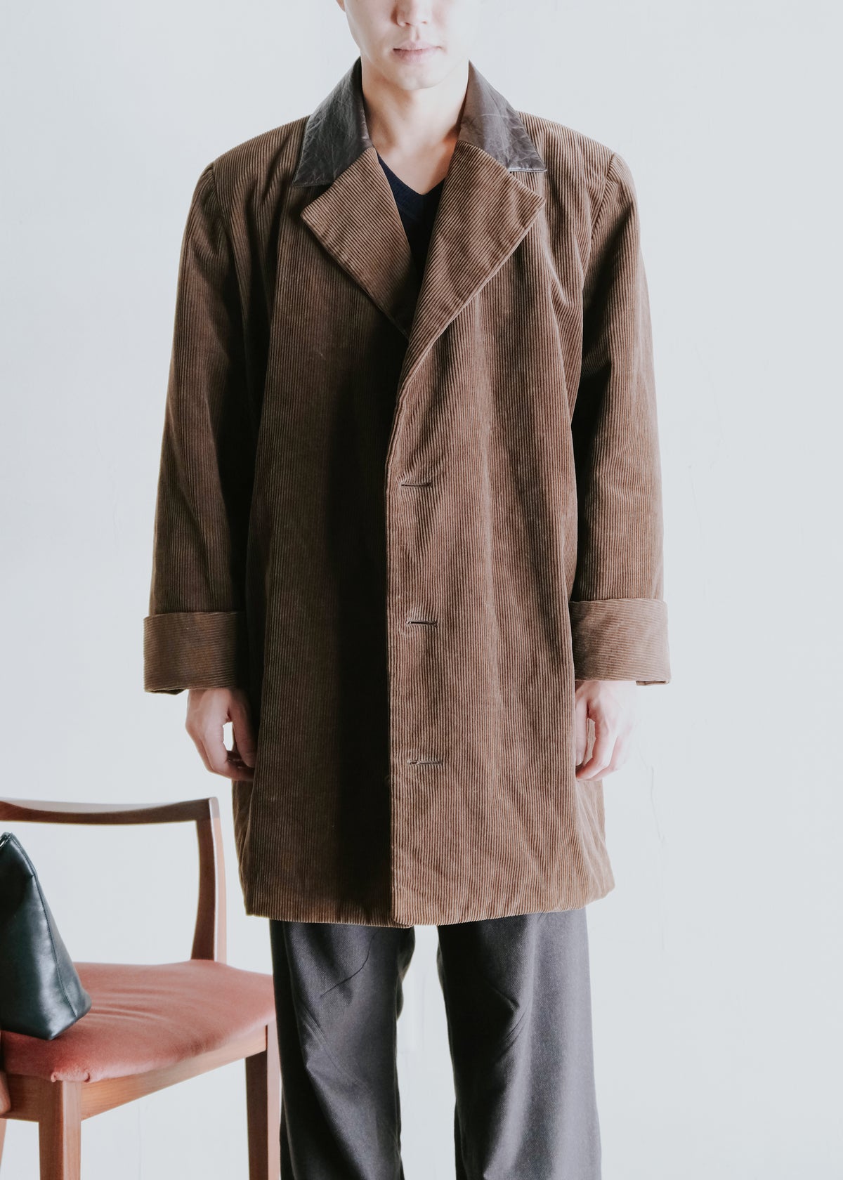 I.S. ISSEY MIYAKE SPORT 1988 leather-collar corduroy long jacket