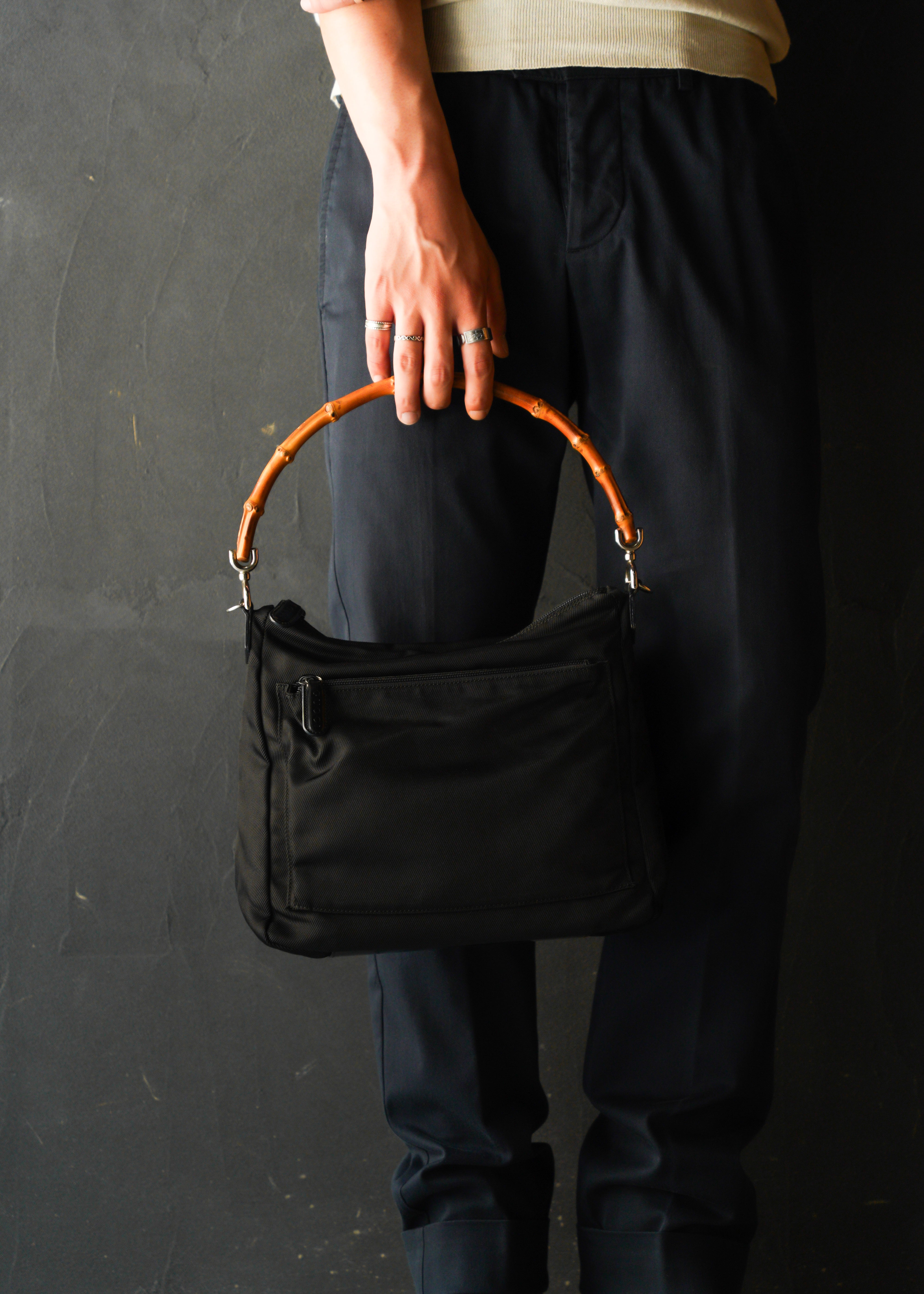 90’s GUCCI bamboo handle nylon shoulder bag
