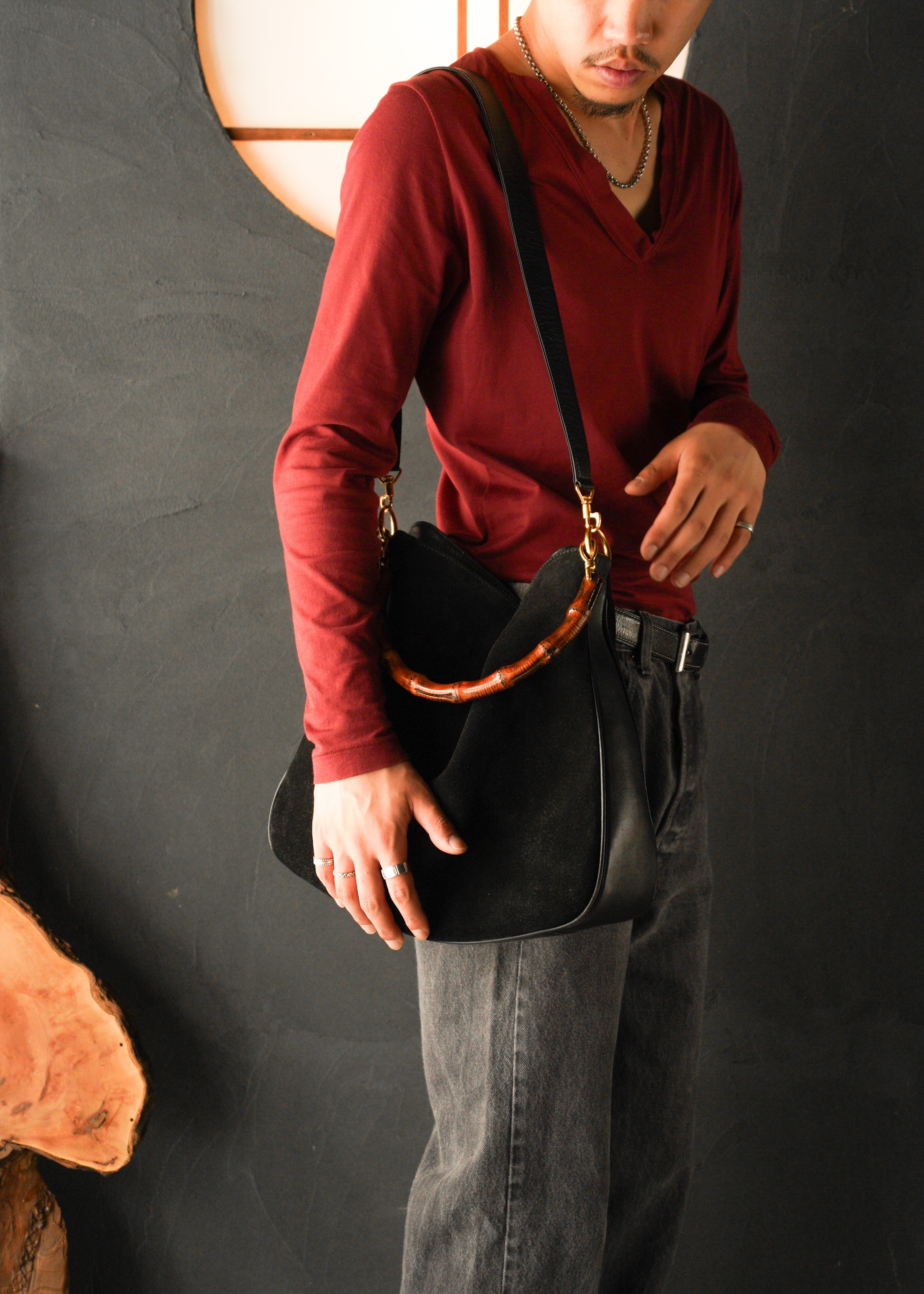 90-00’s GUCCI bamboo handle suede leather 2 way shoulder bag