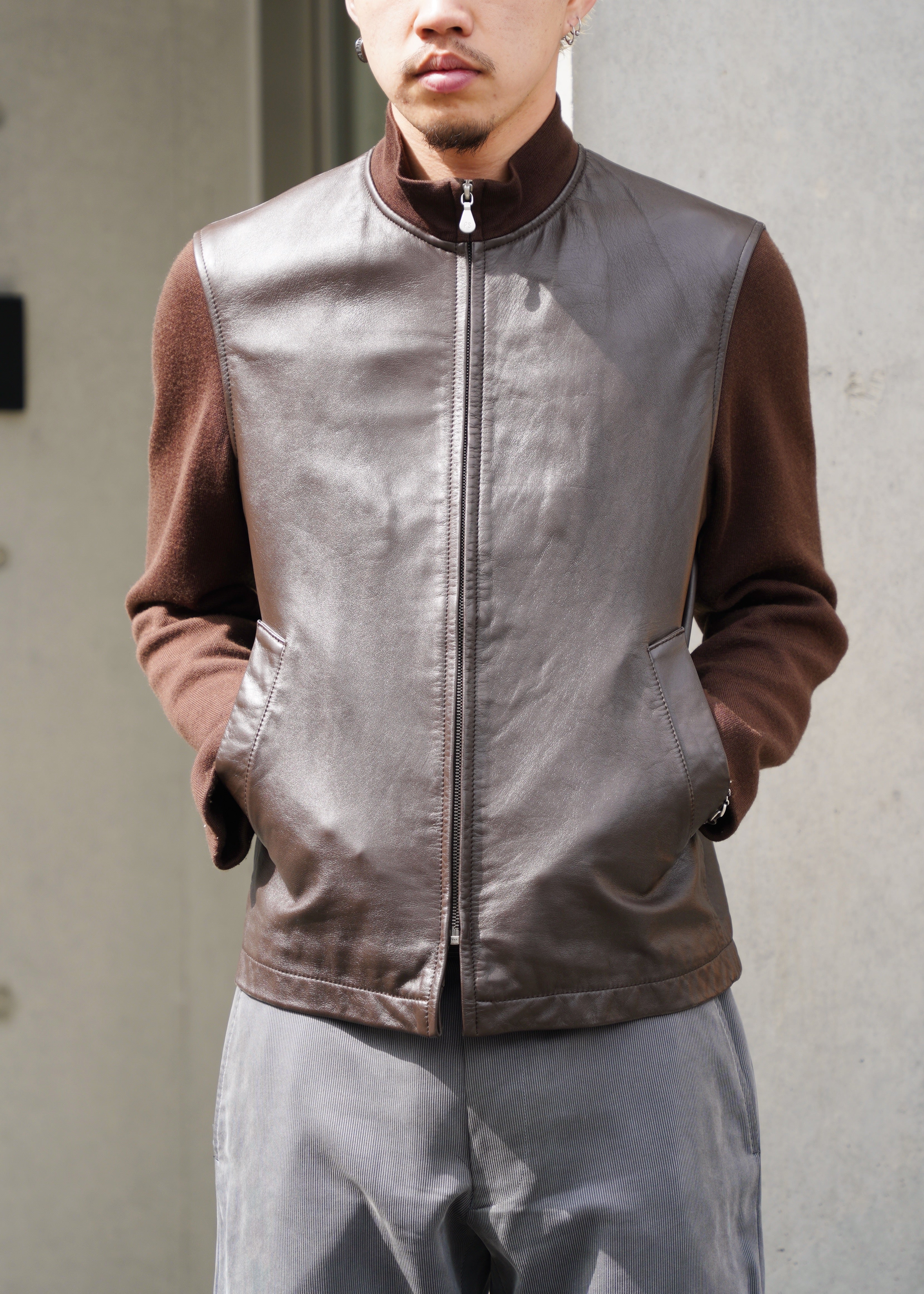 PAUL SMITH ポールスミス 90年代 カウレザー ニットジャケット 本革 切り替え ヴィンテージ メンズ 古着
