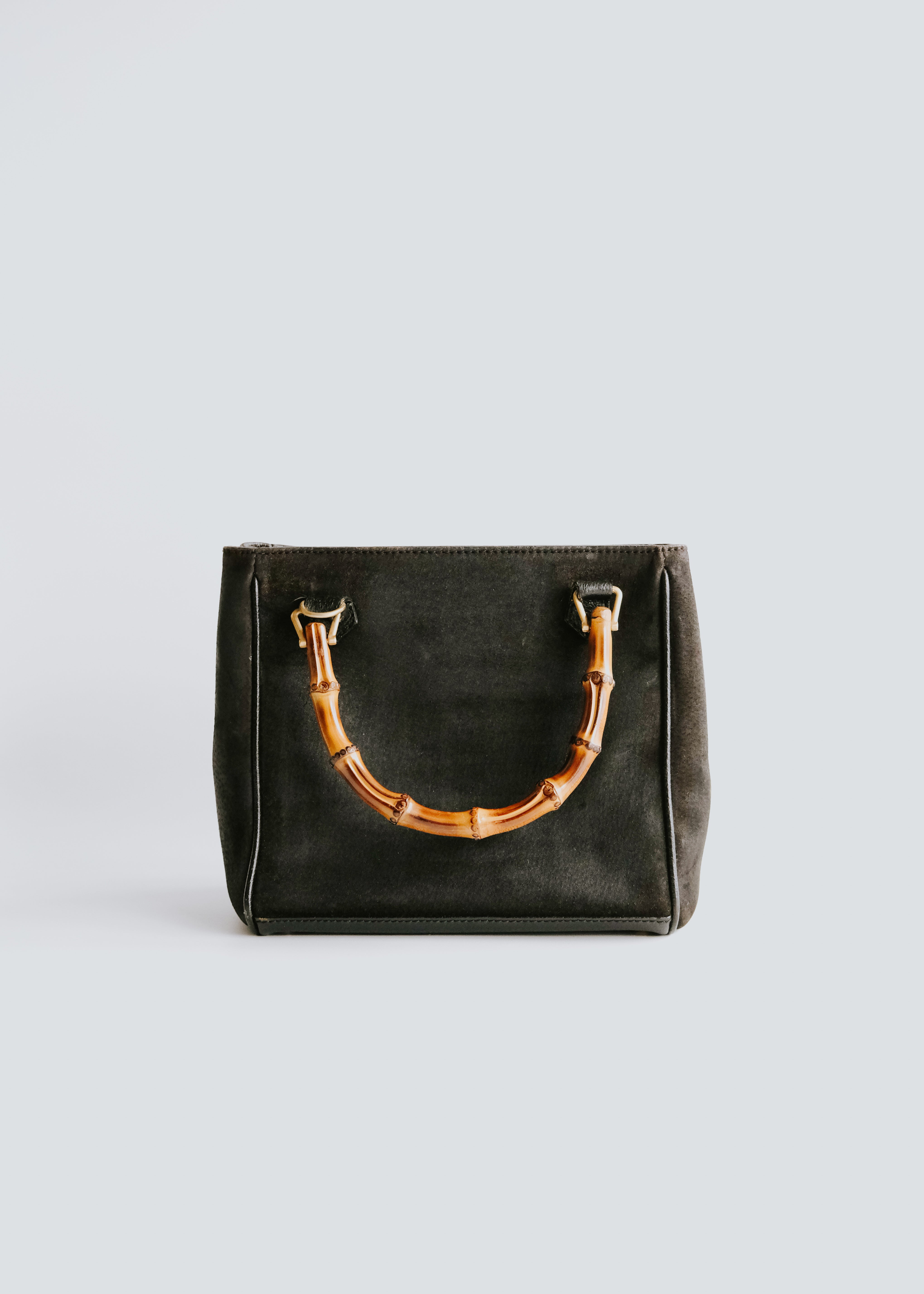 90-00's GUCCI nubuck leather hand bag with banboo handle