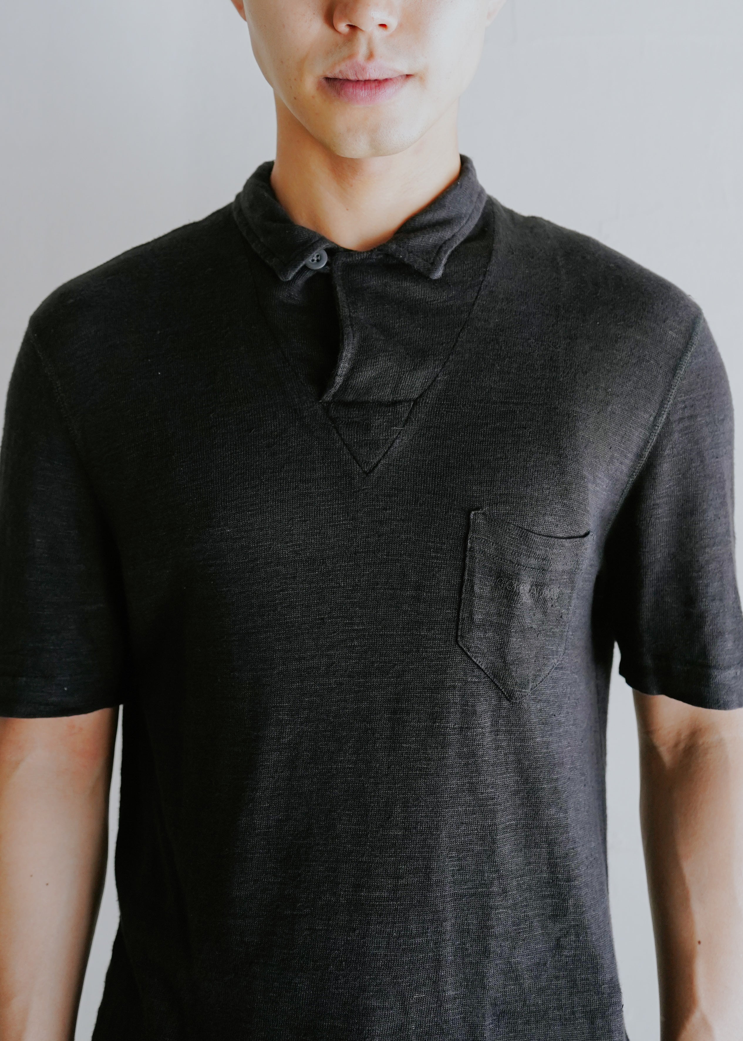 90's GIORGIO ARMANI asymmetric neck linen polo shirt