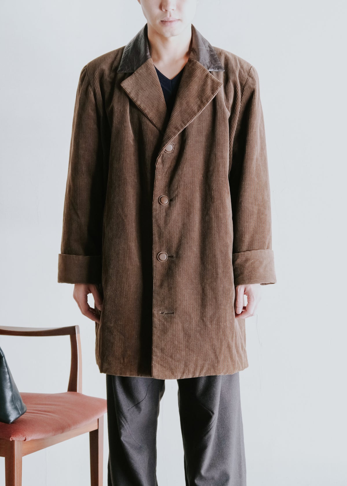 I.S. ISSEY MIYAKE SPORT 1988 leather-collar corduroy long jacket