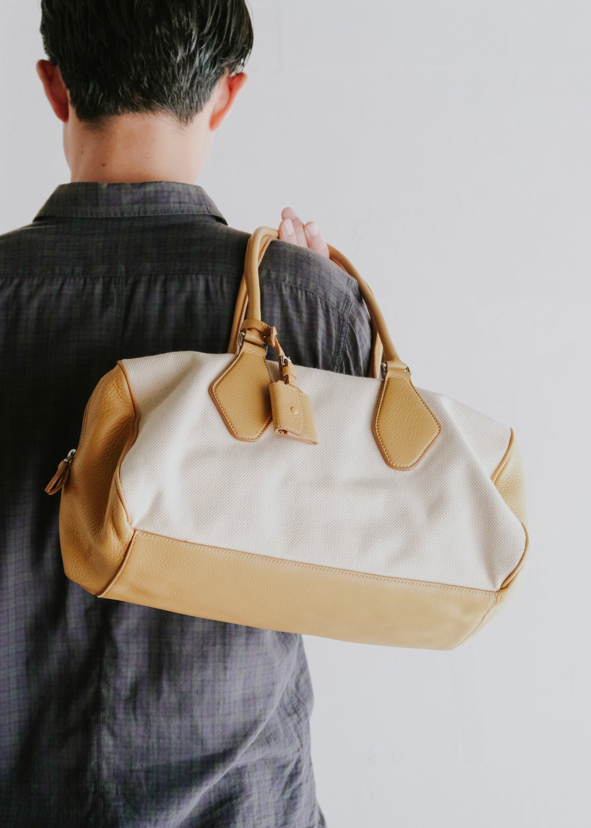 00's JIL SANDER grained calf leather canvas boston bag