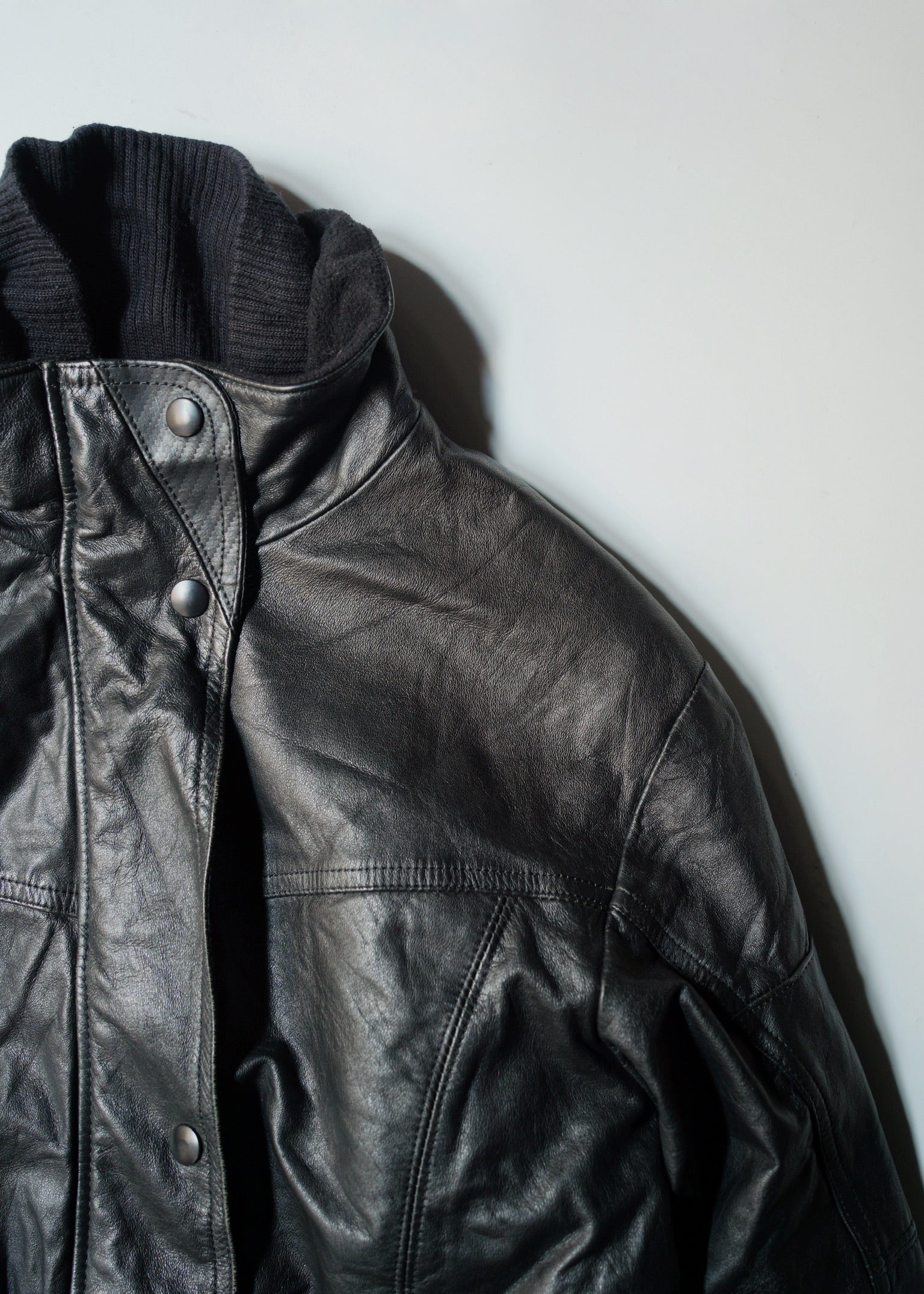 stand collar gimmick leather jacket