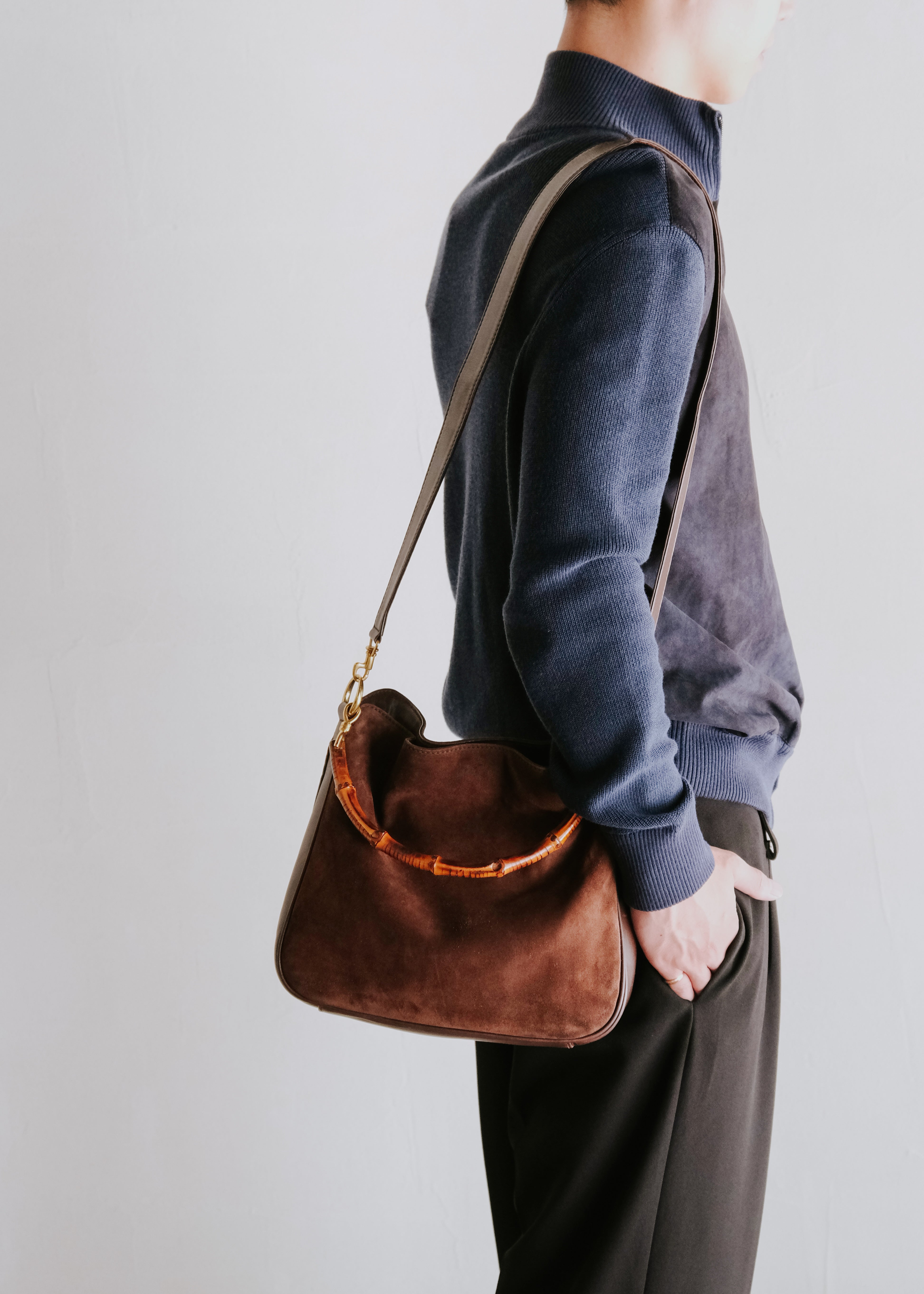 GUCCI グッチ 90-00年代 2way スウェードレザー ショルダーバッグ with バンブー handle メンズ