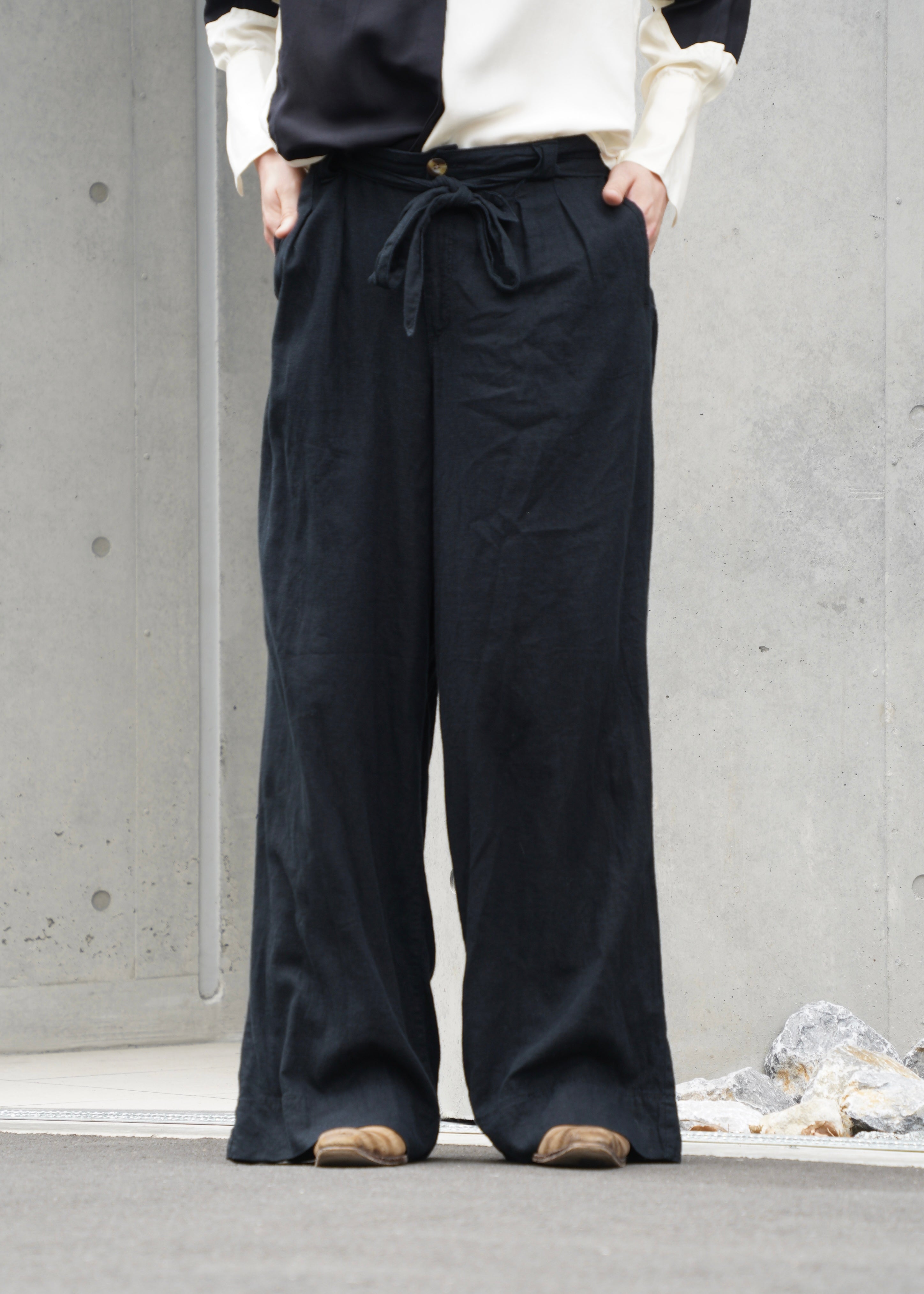 Belted Linen Wide Pants